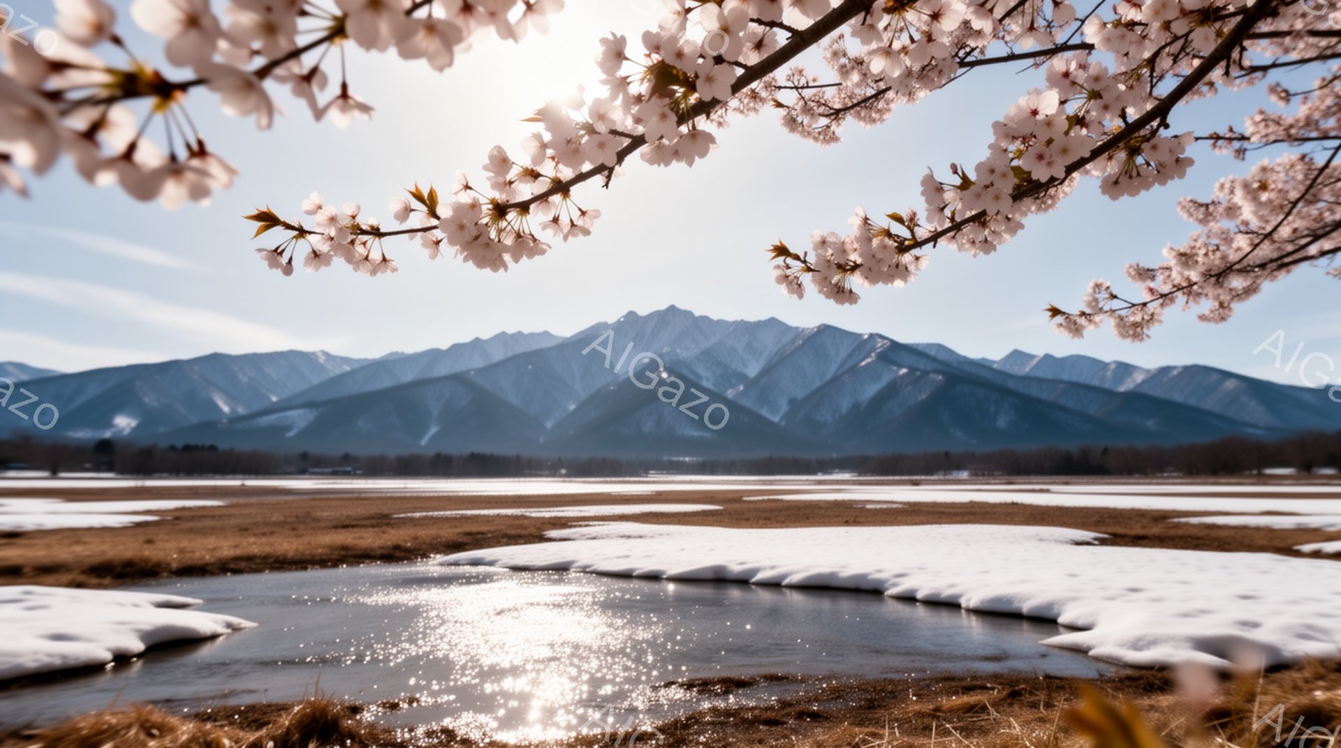 広大な湿原が広がり、溶けかけた雪と水が織りなす光景が美しい。背景には雪を抱いた山々が連なり、澄んだ空の下、春の訪れを感じさせる穏やかな風景だ。前景には桜の花が咲き乱れ、その淡いピンク色が風景に華やかさ - AI生成フリー素材