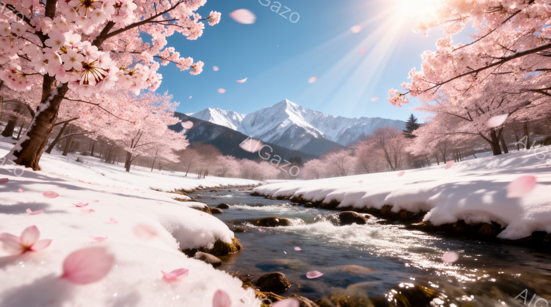 雪に覆われた風景の中に、桜が咲き誇る川が流れています。遠くには雪を頂いた山々が連なり、桜の花びらが舞い散ることで春の訪れを感じさせる、穏やかで美しい光景です。水面はキラキラと輝き、自然の優しさと力強さ - AI生成フリー素材