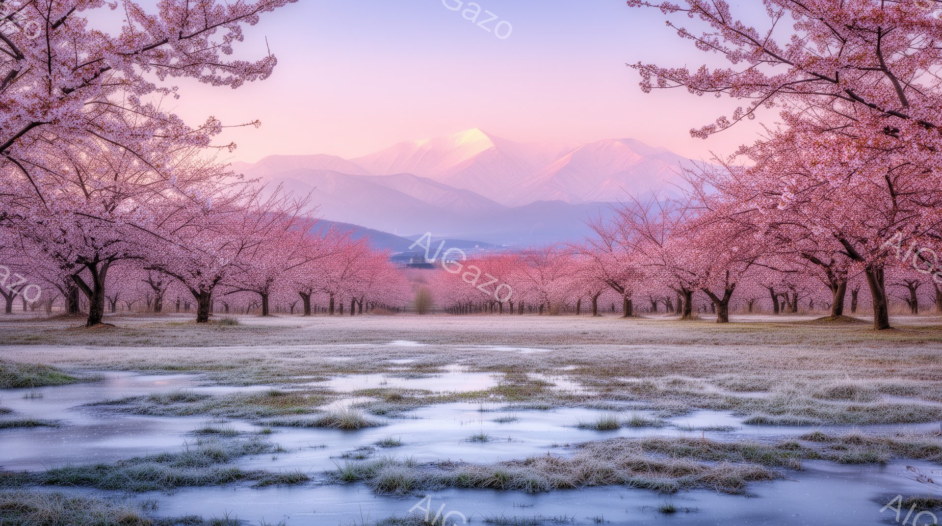 桜並木が続く風景で、地面には水溜まりが反射している。遠くには雪を抱いた山々が夕焼けに照らされ、空は淡いピンク色と紫色に染まっている。全体的に穏やかで幻想的な雰囲気が漂い、春の訪れを感じさせる美しい光景だ。