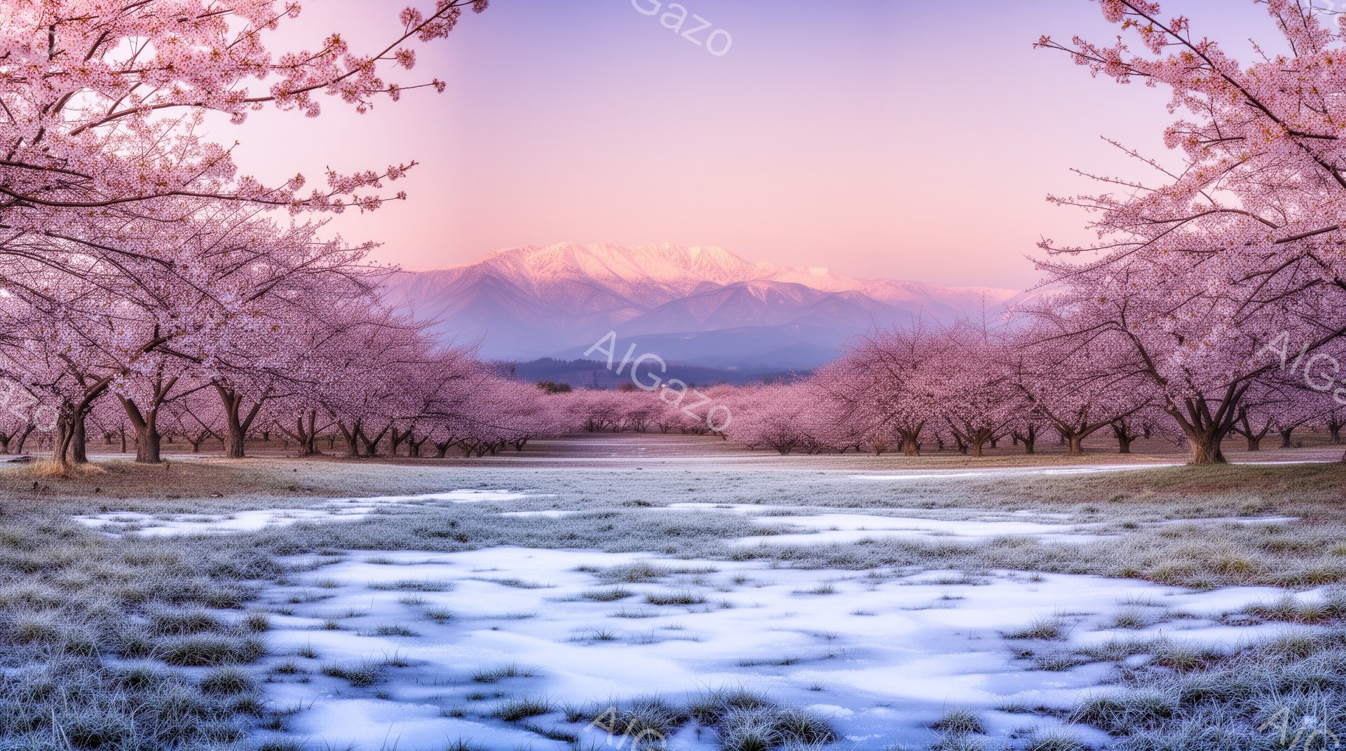 ピンク色の桜並木が広がり、遠くには雪を抱いた山々が連なっている美しい風景です。地面は霜や雪で覆われ、春の訪れを感じさせながらも、まだ冬の名残を残しています。全体的に穏やかで幻想的な雰囲気が漂い、静寂の - AI生成フリー素材
