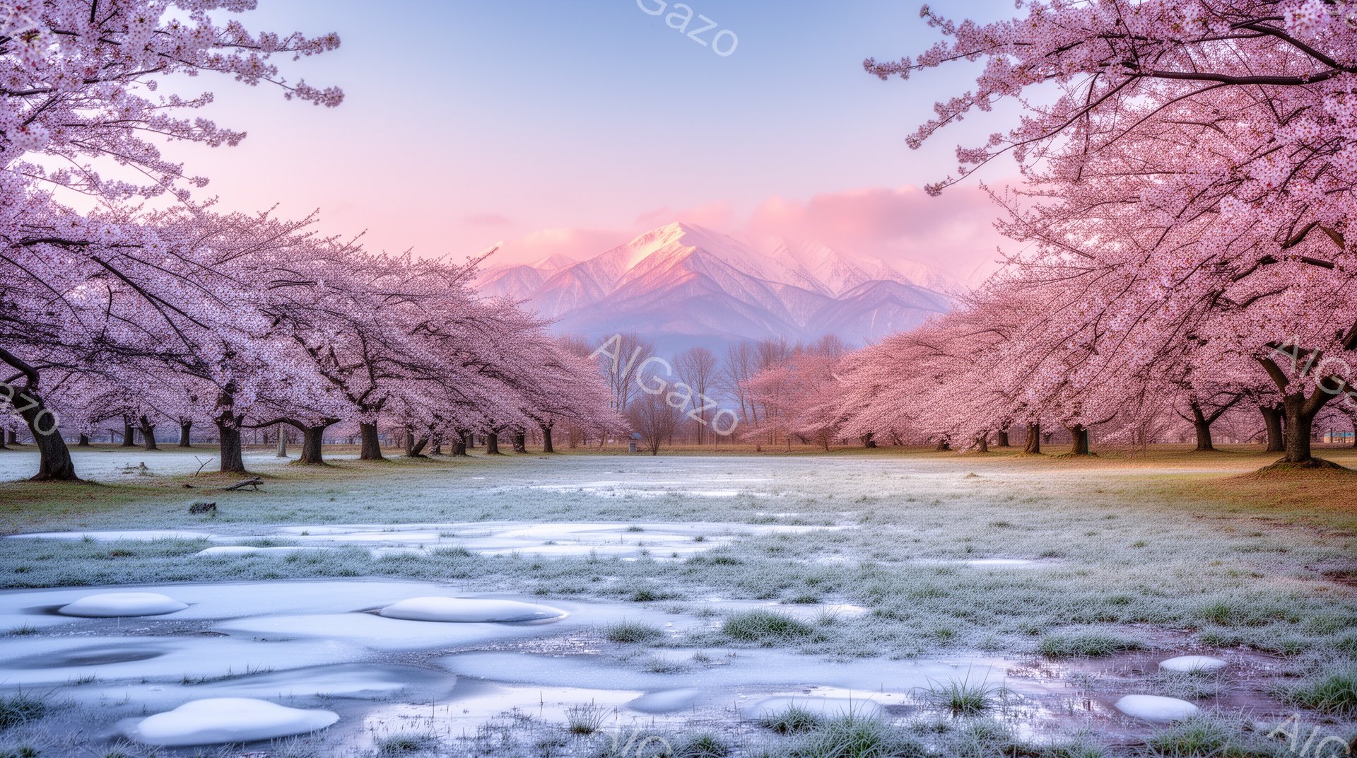 広大な緑の草原に桜並木が広がり、遠くには雪を抱いた山々が連なっている。地面は霜で覆われ、まるで氷の鏡のように光を反射し、春の訪れと冬の名残が混ざり合った幻想的な雰囲気を醸し出している。空は淡いピンクと - AI生成フリー素材