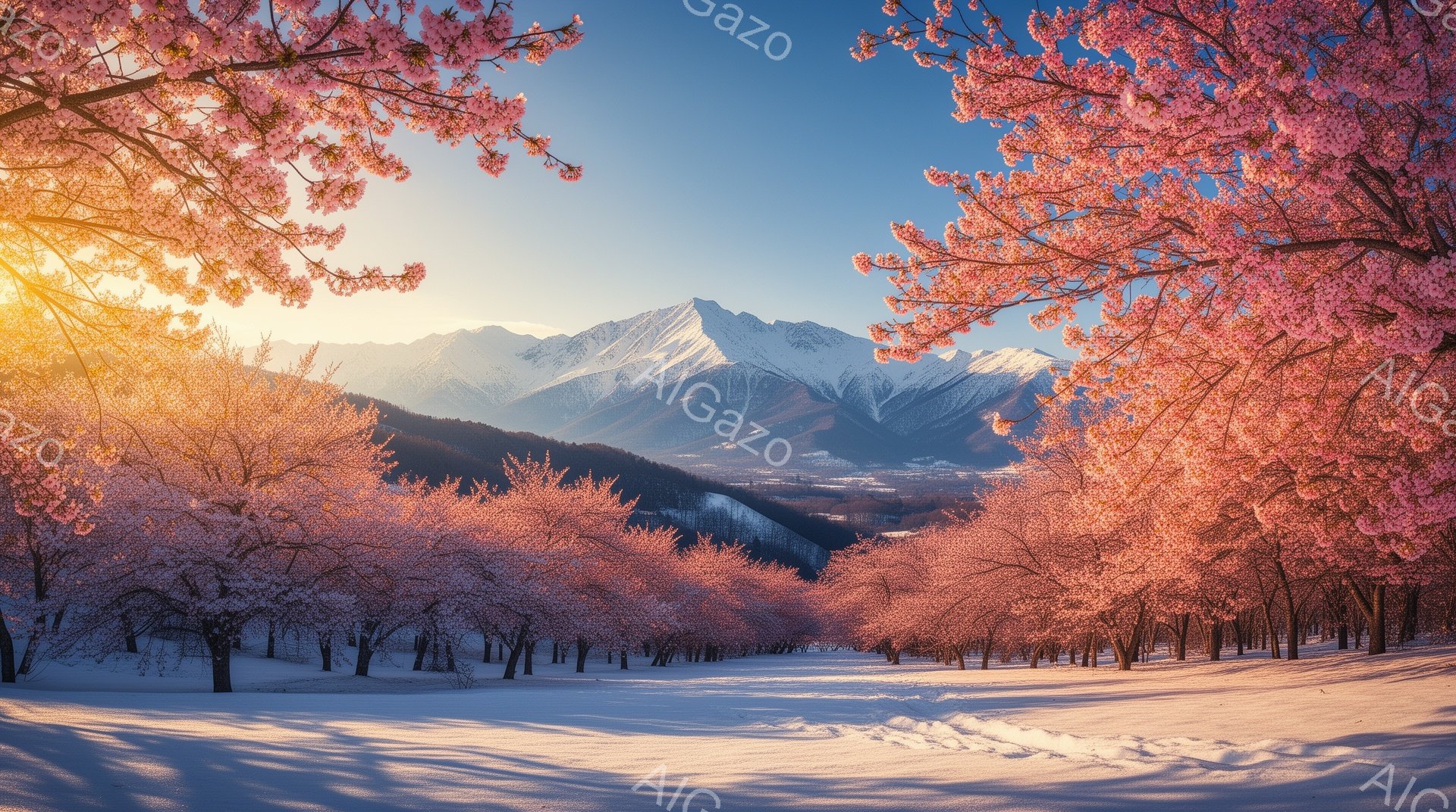 鮮やかなピンク色の桜並木が雪原を縫うように伸び、遠くには雪を抱いた山々が連なっている。太陽の光が桜の花びらに反射し、雪原に美しい影を作り出している。春の訪れを感じさせる、穏やかで幻想的な雰囲気だ。
