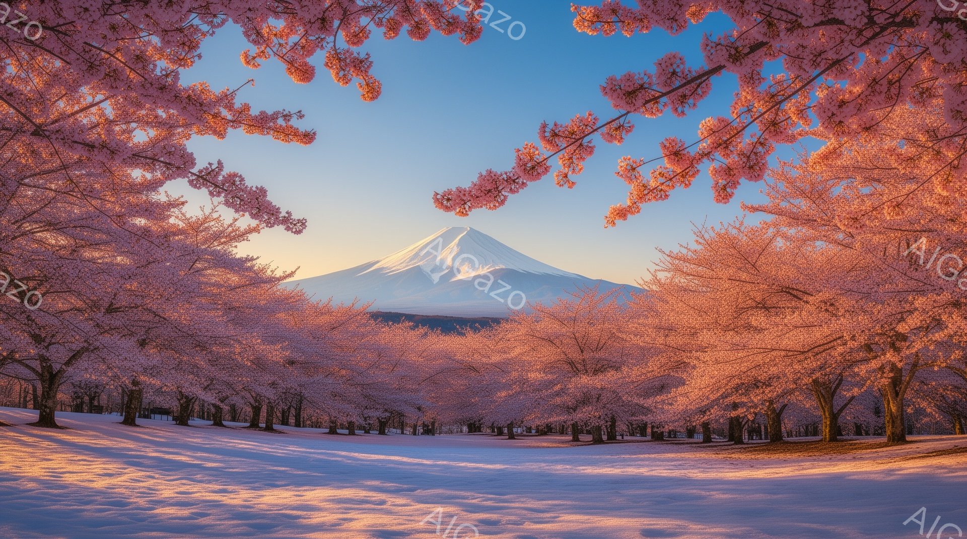 富士山を背景に、満開の桜並木が広がる美しい風景です。地面は雪に覆われ、ピンク色の桜の花びらが空と雪の上に降り積もり、幻想的な雰囲気を醸し出しています。桜の木々は等間隔に並び、春の訪れを告げる穏やかで暖 - AI生成フリー素材