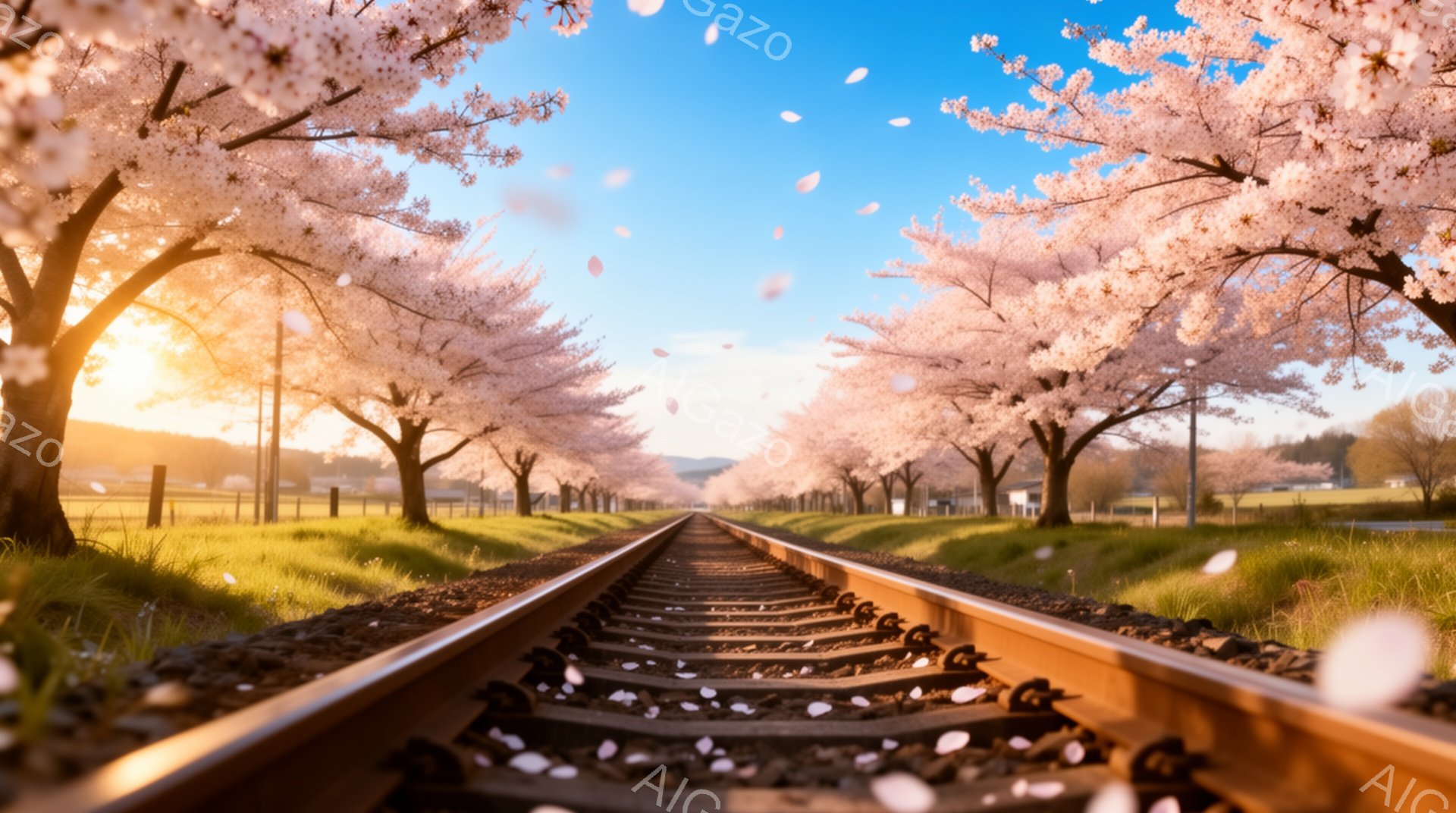 鉄道線路が、満開の桜並木の中をまっすぐに伸びている。降り注ぐ桜の花びらが線路や緑豊かな草原を覆い、春の暖かく穏やかな雰囲気を醸し出している。遠くには、柔らかい光に包まれた山々が見え、穏やかな夕暮れ時ま - AI生成フリー素材