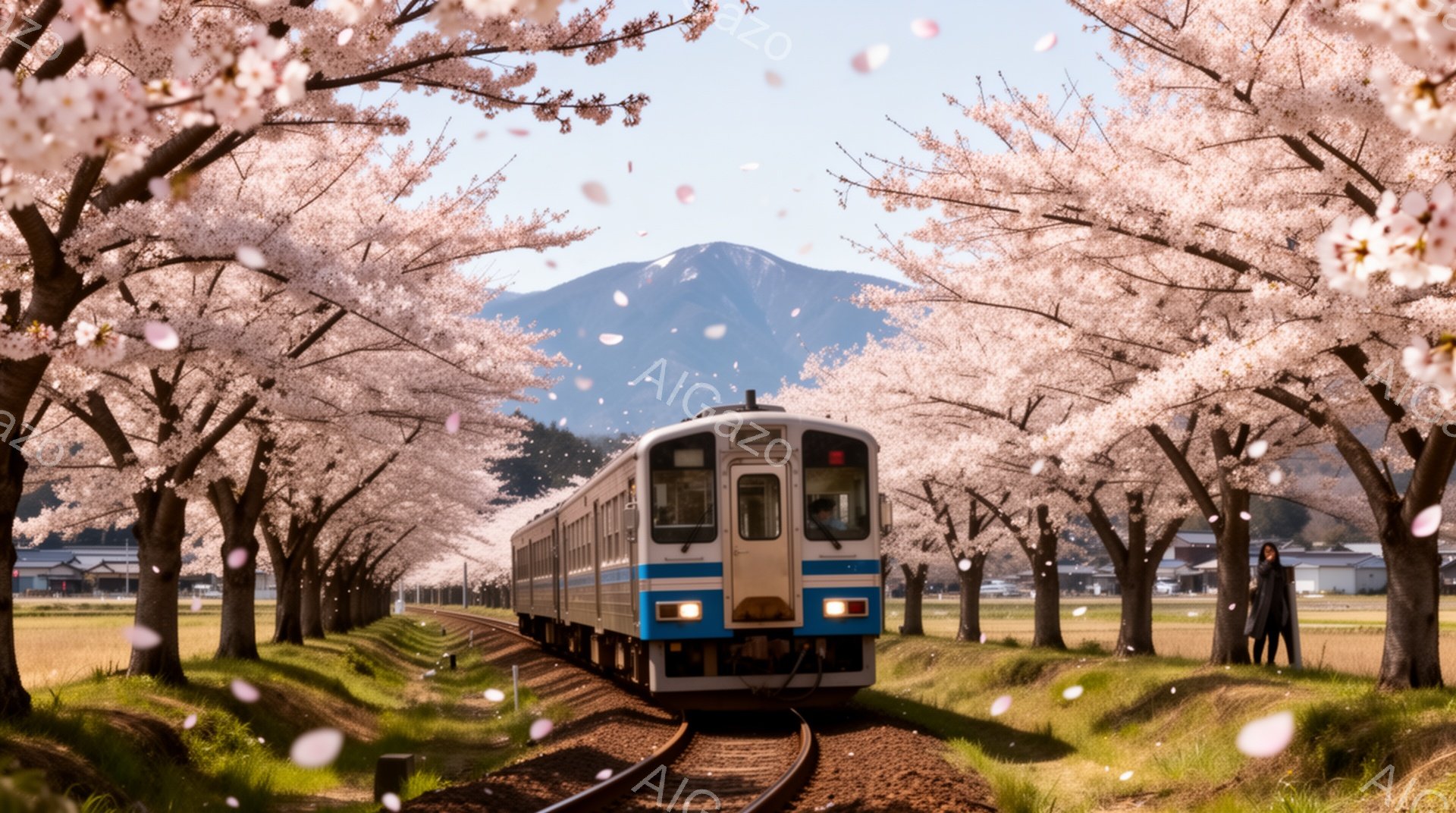 桜並木の中を電車が走っている風景です。背景には山々がそびえ立ち、満開の桜の花びらが舞い散っています。線路脇には数人の人が立ち、春の美しい景色を眺めている様子が伺えます。 - AI生成フリー素材