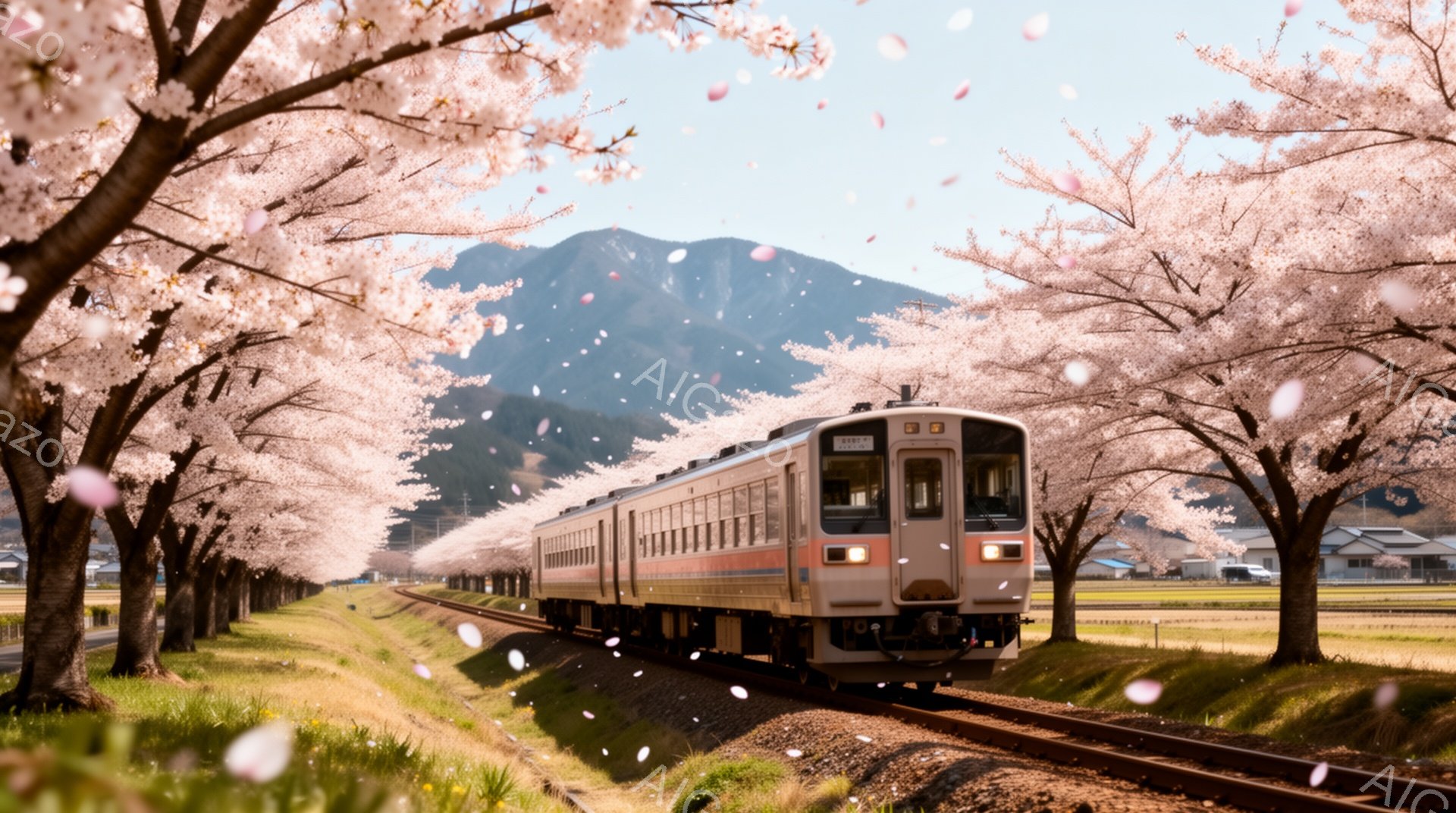 満開の桜並木の中を、オレンジと白の電車が走っている風景です。背景には緑の山々が連なり、春の暖かな日差しが降り注いでいます。舞い散る桜の花びらが、幻想的で美しい雰囲気を醸し出しています。 - AI生成フリー素材