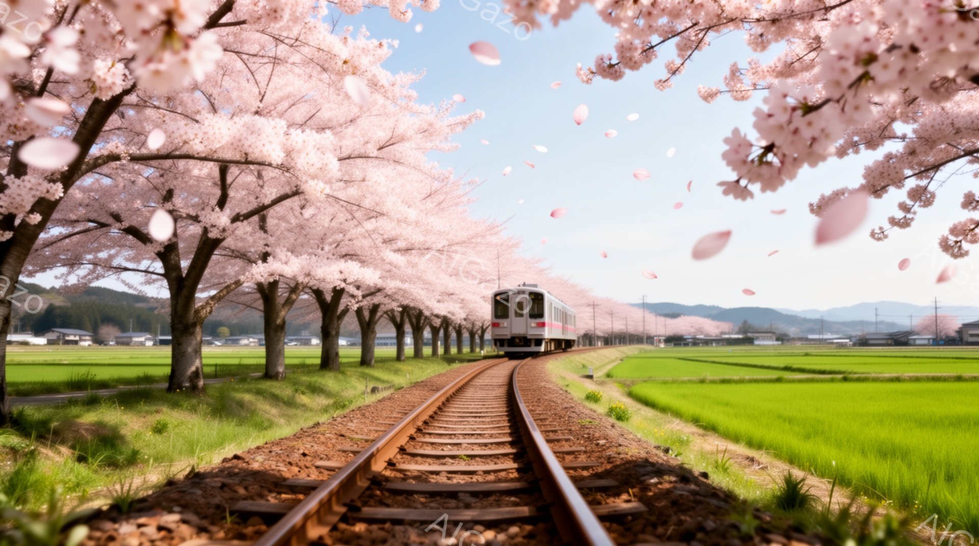 鉄道線路が桜並木の中をまっすぐ伸びており、遠くに白い列車が見える。線路脇には緑の田んぼが広がり、背景には山々が連なっている、桜の花びらが舞い散る春の穏やかな風景だ。全体的に、日本の田園風景の美しさを強調した、安らぎと希望に満ちた雰囲気である。
