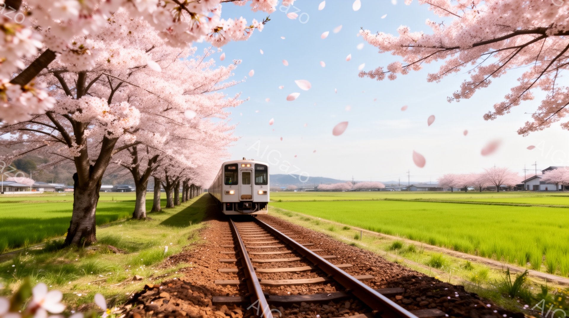 鉄道が桜並木の中を走っている様子が捉えられています。鮮やかな緑の田んぼと、満開の桜が春の穏やかな雰囲気を醸し出しています。空は晴れ渡り、桜の花びらが舞い散る様子が、日本の春の美しい風景を表現しています - AI生成フリー素材