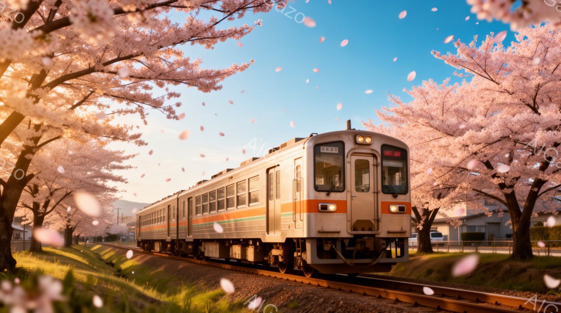 桜の花びらが舞い散る中、オレンジと白の帯が特徴的な電車が線路を走っている。背景には緑豊かな田園風景と、遠くに見える山々が広がり、春の穏やかな一日を描いている。空は明るい青色で、全体的に暖かく、ノスタル - AI生成フリー素材