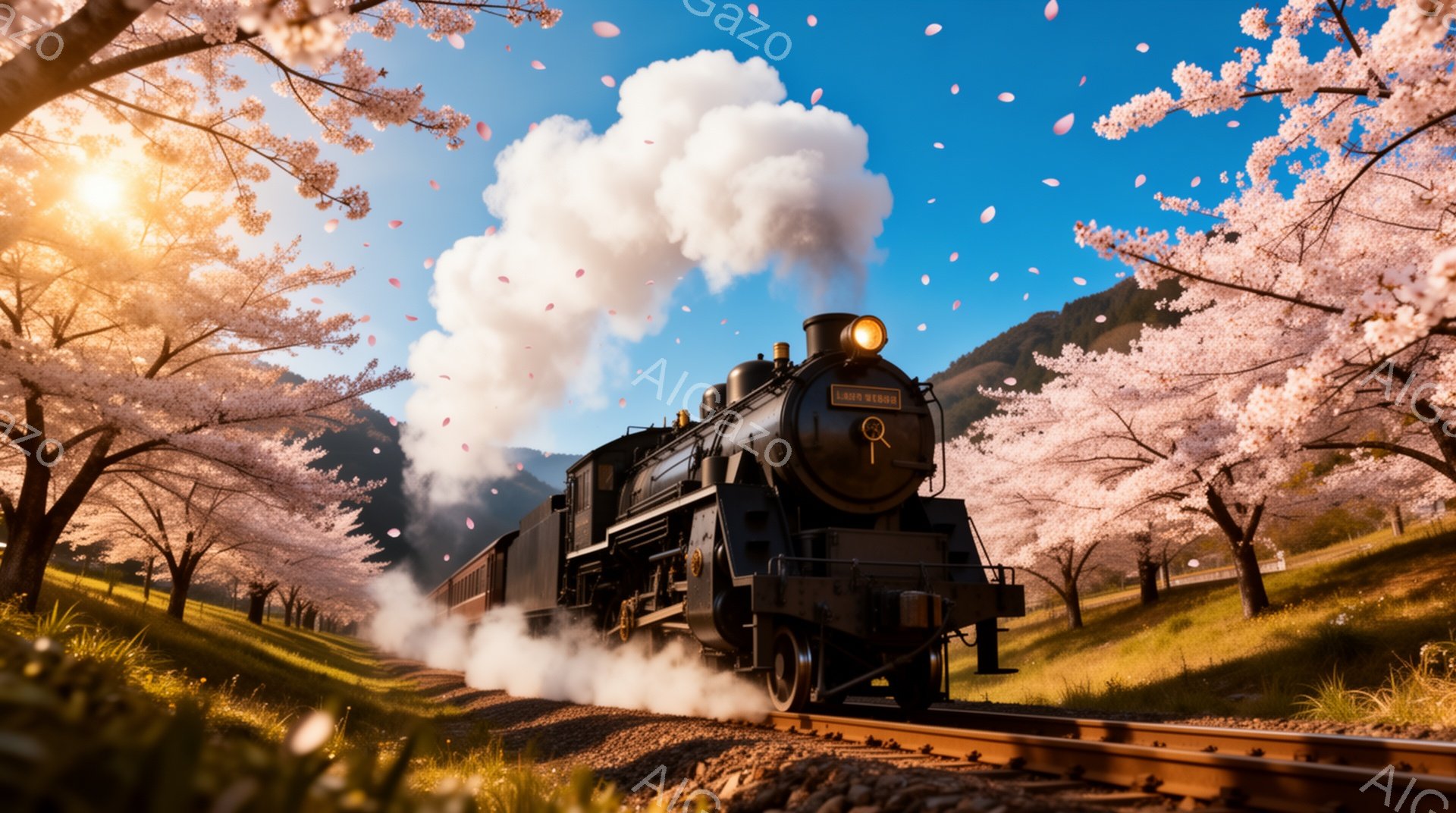 蒸気機関車が桜並木の中を走っており、桜の花びらが舞い散っている美しい光景です。機関車からは白い蒸気が立ち上り、春の暖かさと旅の情緒を感じさせます。背景には緑の丘と青空が広がり、穏やかで幻想的な雰囲気が - AI生成フリー素材