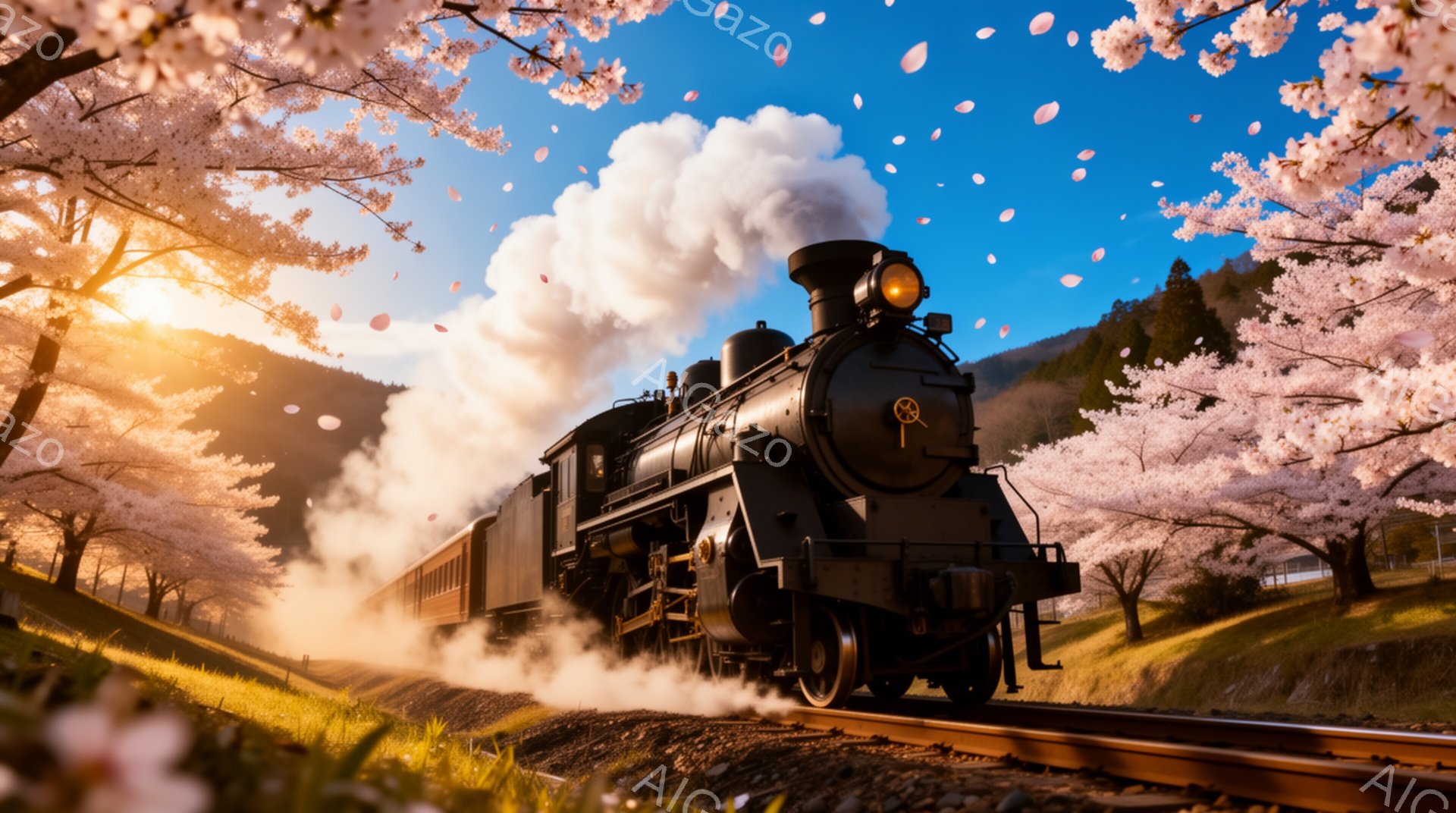 蒸気機関車が桜並木の中を疾走している様子が描かれています。機関車からは白い蒸気が立ち上り、周りには桜の花びらが舞い散っています。背景には緑豊かな丘と、夕日に照らされた山々が広がり、春の暖かく幻想的な雰 - AI生成フリー素材