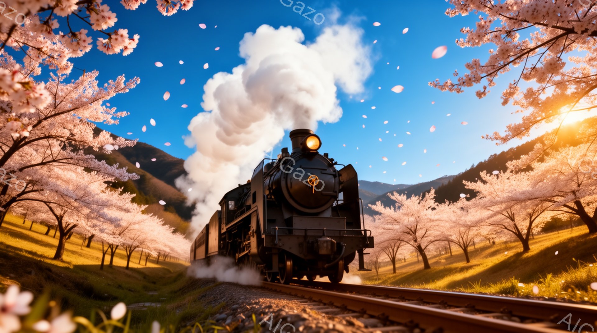 蒸気機関車が満開の桜並木の中を疾走している様子が描かれている。機関車から立ち上る白い煙と、舞い散る桜の花びらが春の暖かさと生命力を感じさせる。背景には緑の丘と青空が広がり、穏やかで美しい雰囲気を醸し出 - AI生成フリー素材