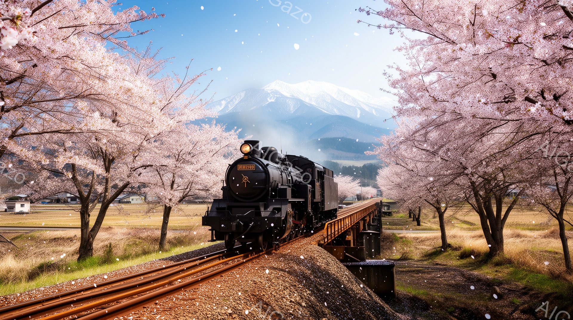 蒸気機関車が桜並木の中を走っており、背景には雪を抱いた山々が広がっています。 鉄道は茶色い砂利の上を走り、線路の両側には満開の桜が咲き誇り、まるでトンネルのように列車を彩っています。 春の穏やかな日差 - AI生成フリー素材