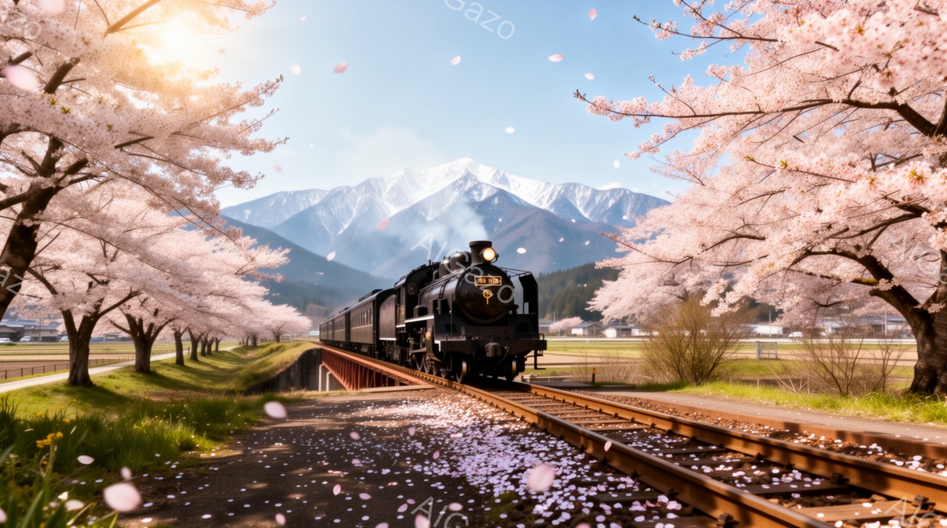 満開の桜並木の中を、黒い蒸気機関車がゆっくりと走っている。背景には雪を頂いた山々がそびえ立ち、春の暖かさと自然の雄大さを感じさせる美しい風景だ。舞い散る桜の花びらが、幻想的でロマンチックな雰囲気を醸し - AI生成フリー素材