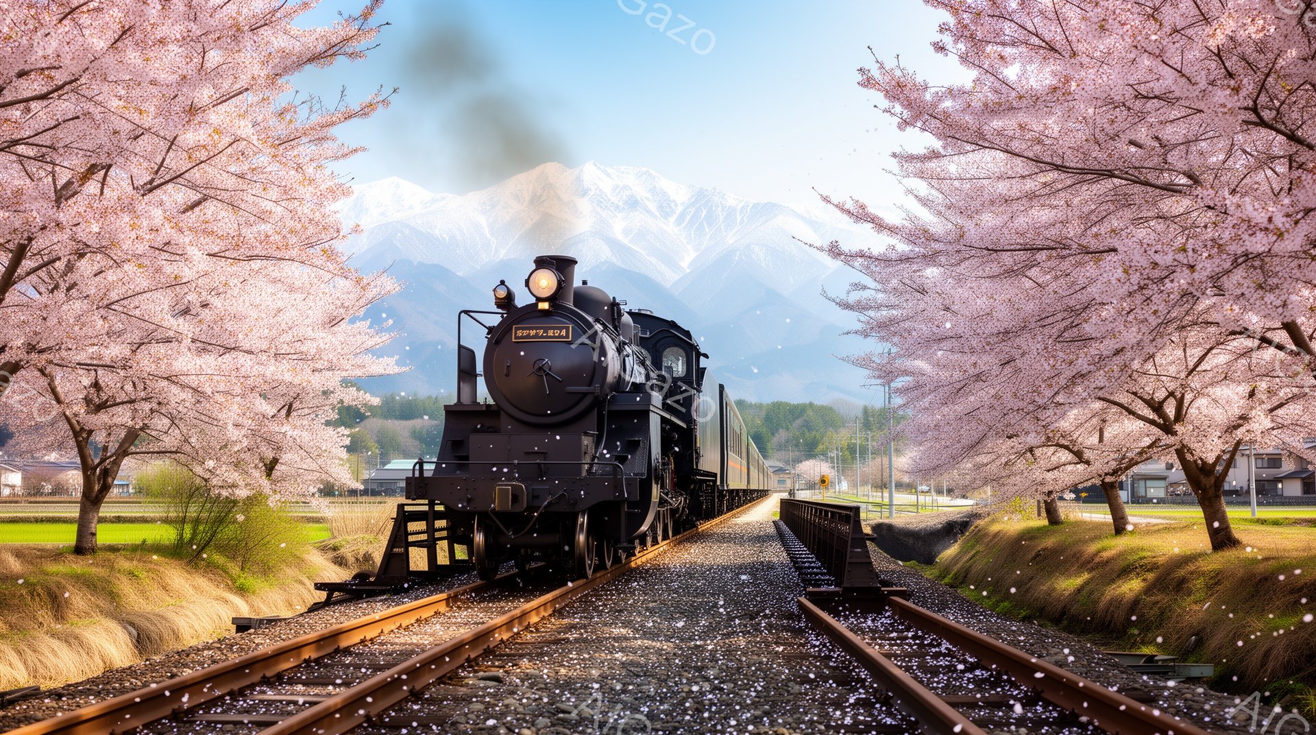 蒸気機関車が桜並木の中を走る風景です。背景には雪を抱いた山々がそびえ立ち、桜の花びらが舞い散る幻想的な雰囲気が漂っています。線路は花びらで覆われ、春の訪れを感じさせる美しい光景です。 - AI生成フリー素材