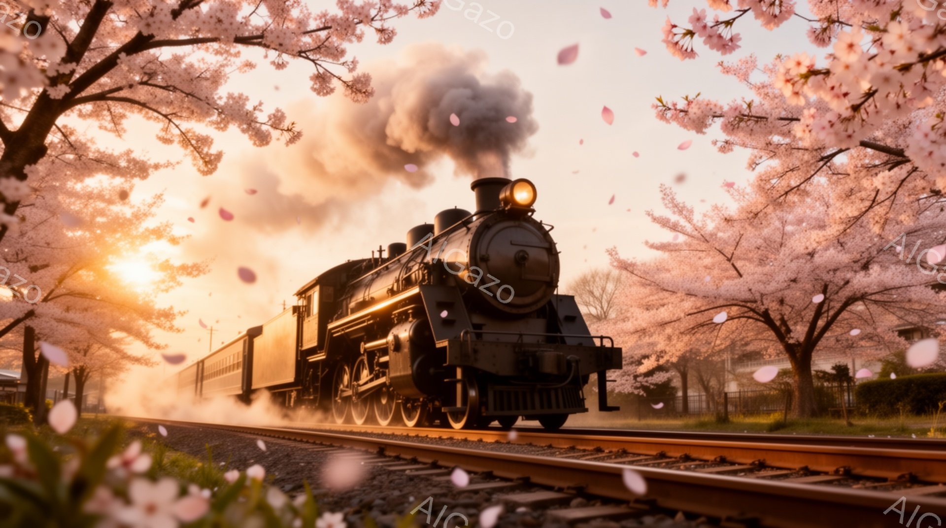 蒸気機関車が桜並木の中を疾走している様子が捉えられています。背景には穏やかな夕焼けと、舞い散る桜の花びらが広がり、春の暖かさとノスタルジーを感じさせます。機関車からは黒煙が立ち上り、力強い走行と、過ぎ去った時代への郷愁を表現しています。