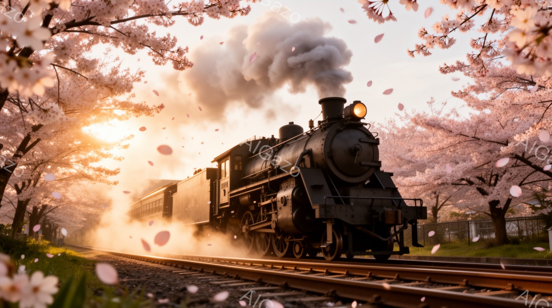 蒸気機関車が満開の桜並木を疾走している様子が捉えられています。機関車からは黒い煙が立ち上り、線路には桜の花びらが舞い散っています。背景には穏やかな夕焼けが広がり、春の暖かく幻想的な雰囲気を醸し出してい - AI生成フリー素材