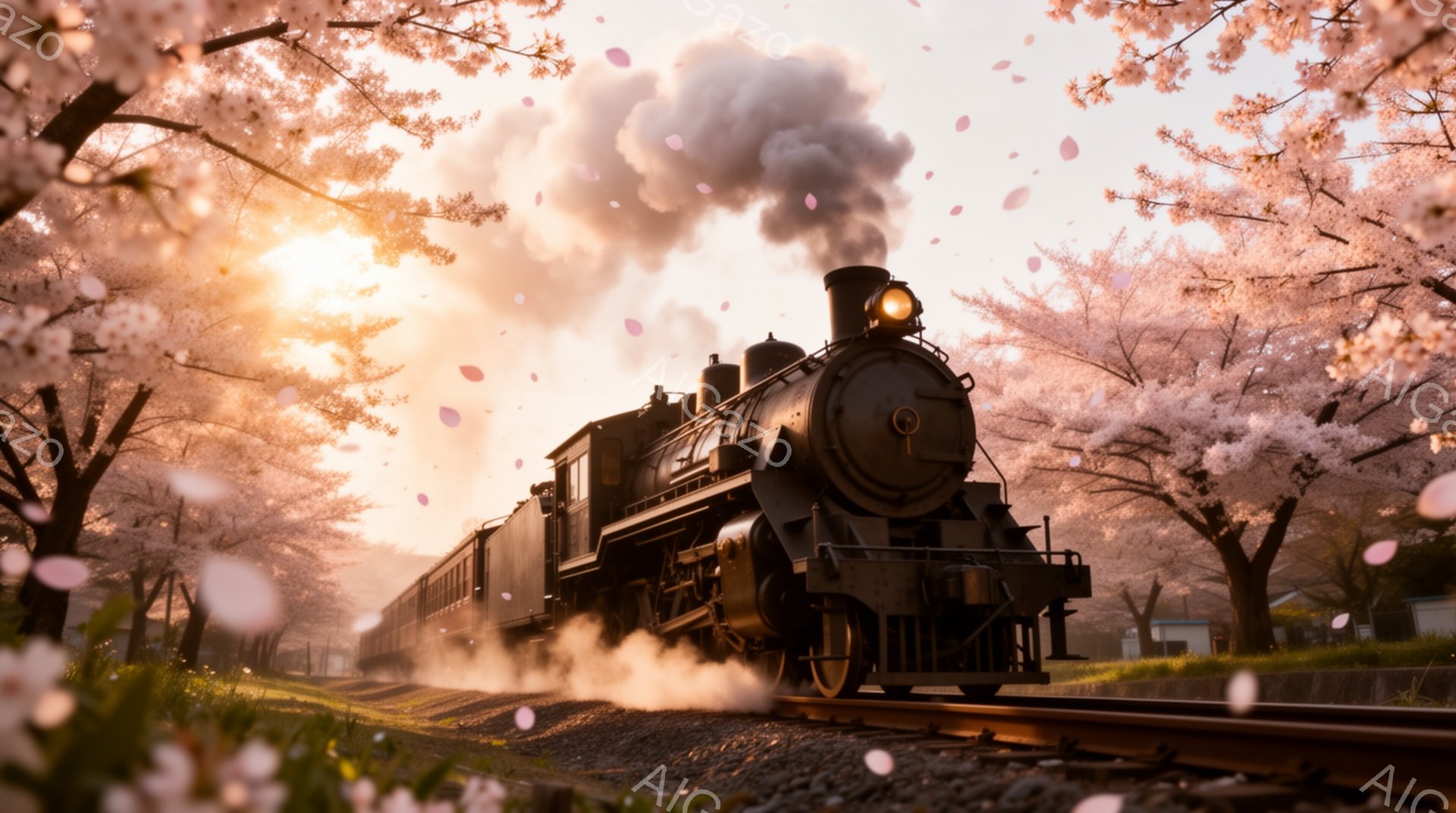 蒸気機関車が桜並木の中を走っており、周囲には舞い散る桜の花びらが満ちています。機関車は黒色で、白い煙を上げて力強く前進し、春の暖かな日差しが背景を照らしています。桜並木と夕焼けのような光が、ノスタルジ - AI生成フリー素材