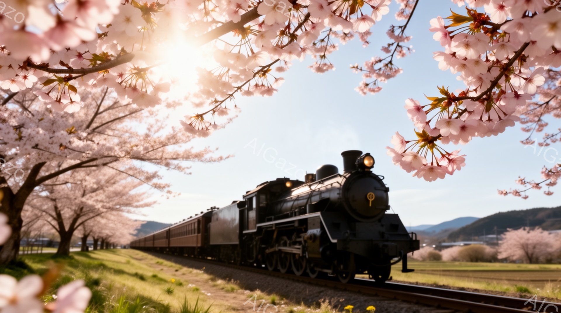 蒸気機関車が満開の桜並木の中をゆっくりと走っている。鮮やかなピンク色の桜の花びらが舞い、春の暖かさと穏やかな雰囲気を醸し出している。遠景には緑の丘と山々が見え、明るい日差しが全体を照らしている。 - AI生成フリー素材