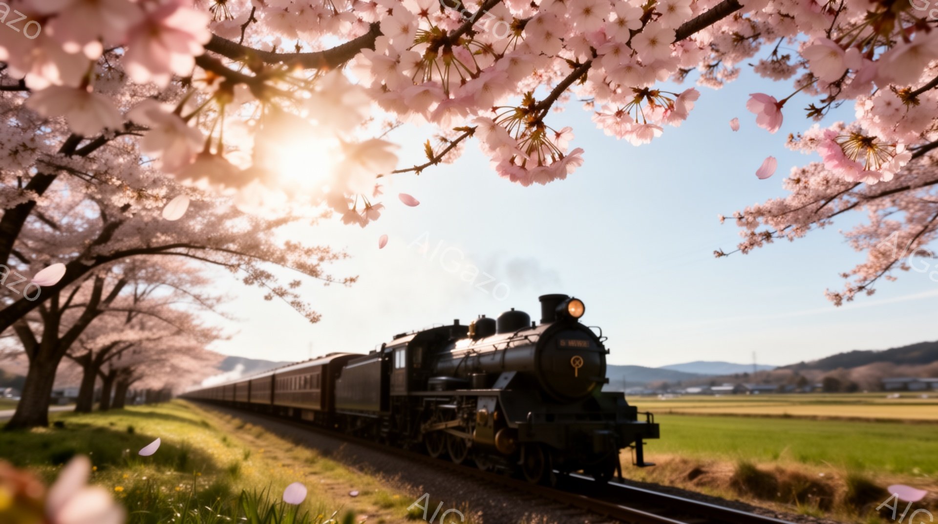 蒸気機関車が満開の桜並木の中をゆっくりと走っている美しい風景です。緑の田園風景と遠くの山々が背景に広がり、空には太陽の光が差し込み、春の穏やかな雰囲気を醸し出しています。舞い散る桜の花びらが、機関車の - AI生成フリー素材