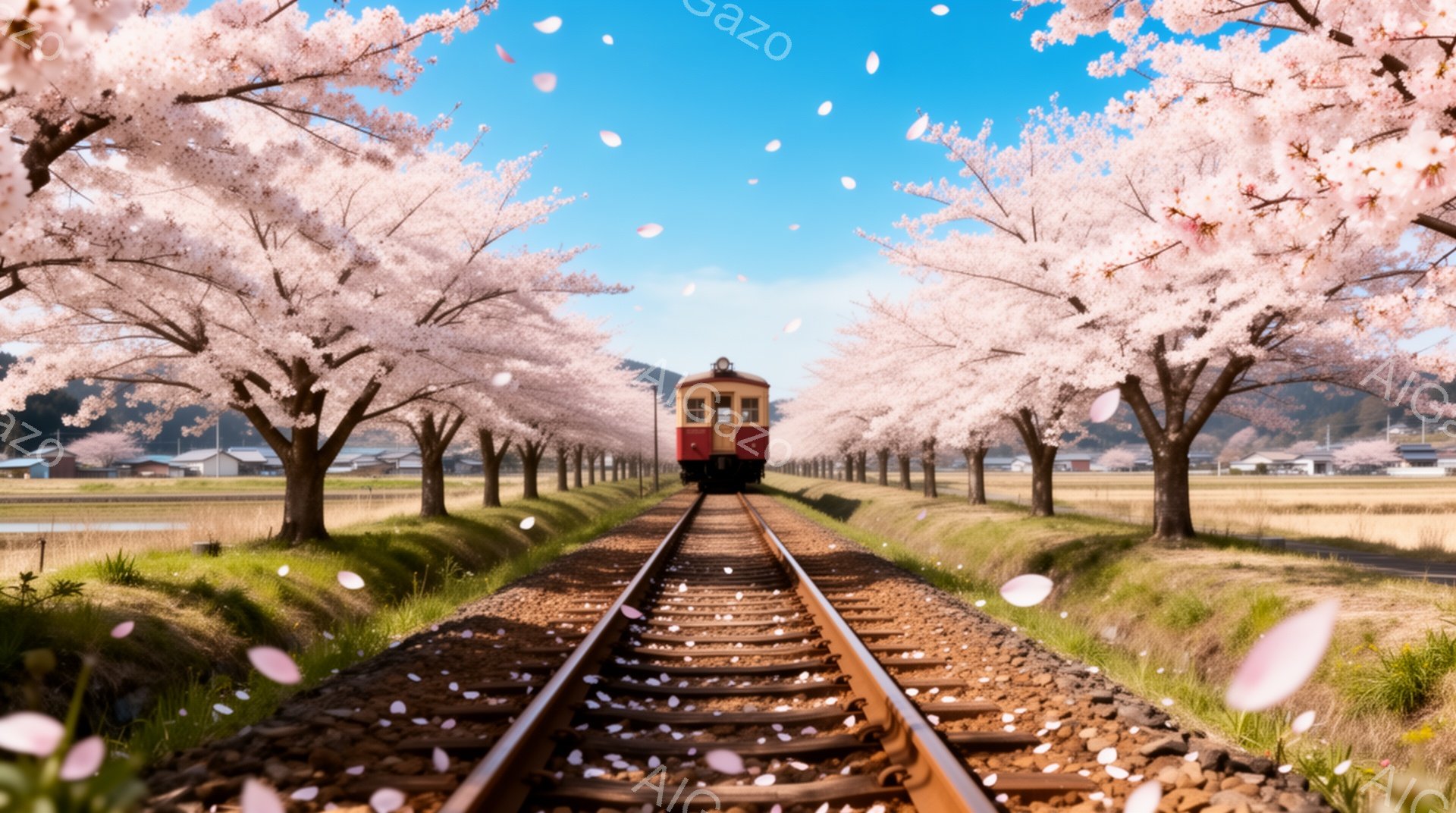 鉄道線路が桜並木の中をまっすぐ伸びており、遠くに赤い車両が見える。満開の桜の花びらが舞い散り、線路や草の上に降り積もっている。背景には田園風景が広がり、青空の下、春の穏やかな雰囲気が漂っている。 - AI生成フリー素材
