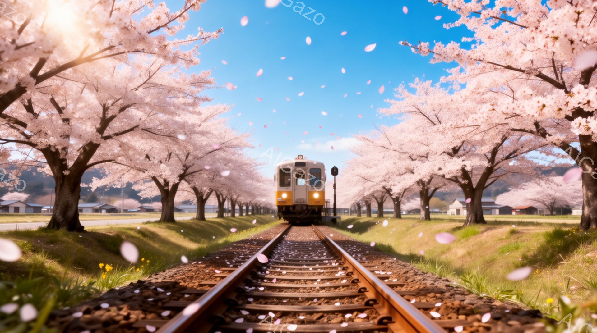 鉄道線路が桜並木のトンネルのように伸びており、黄色い車両が線路の中央を走っている。桜の花びらが舞い散り、春の穏やかで幻想的な雰囲気を醸し出している。背景には、緑の草地と遠くに見える建物があり、晴れた空 - AI生成フリー素材