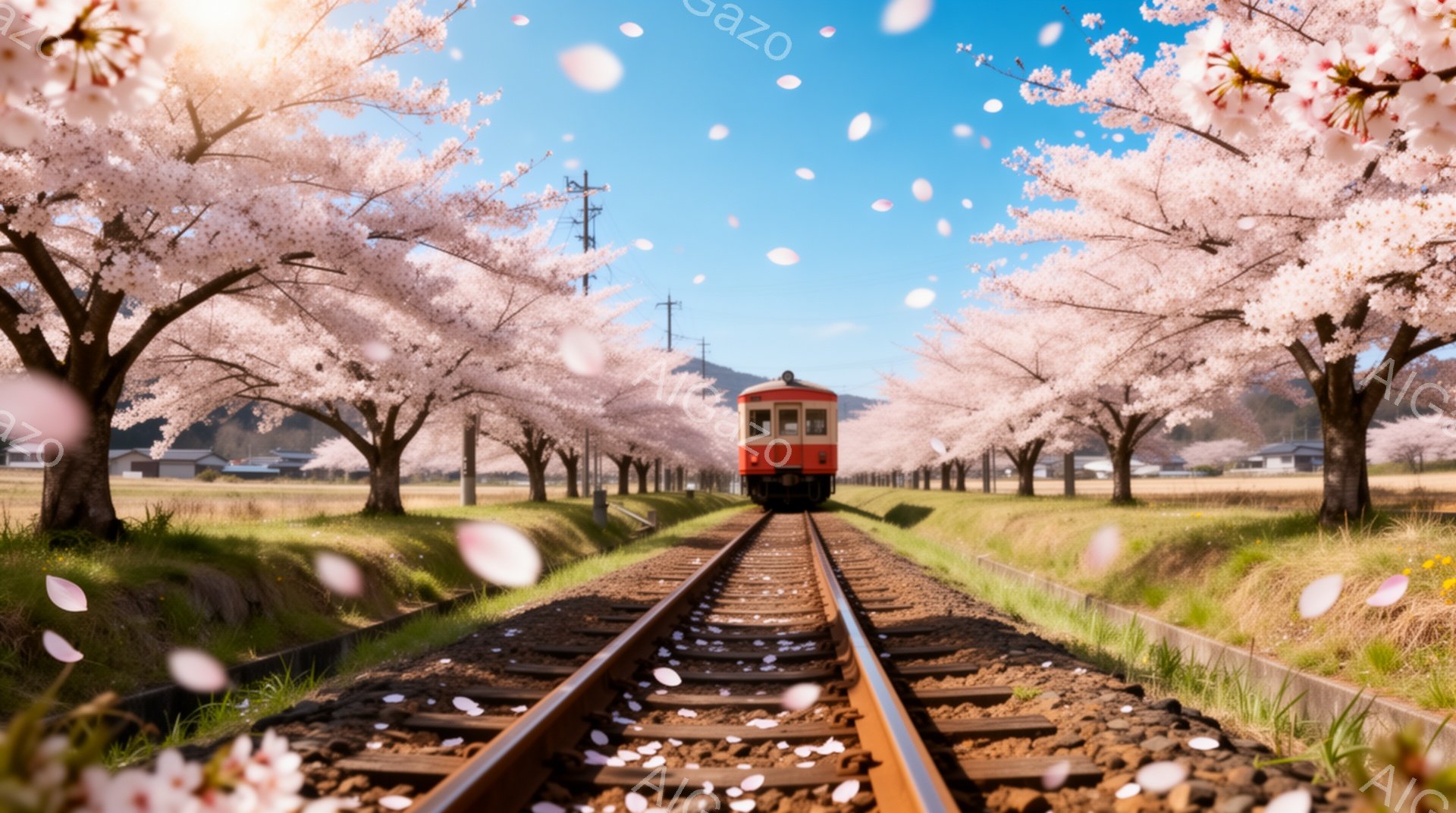 鉄道線路が桜並木の中をまっすぐ伸びており、遠くに赤い車両が見える。桜の花びらが舞い散り、線路や草地を覆っている様子は、春の暖かさと穏やかな雰囲気を表現している。青空と緑豊かな風景が広がり、日本の田園風景を象徴する美しい光景だ。
