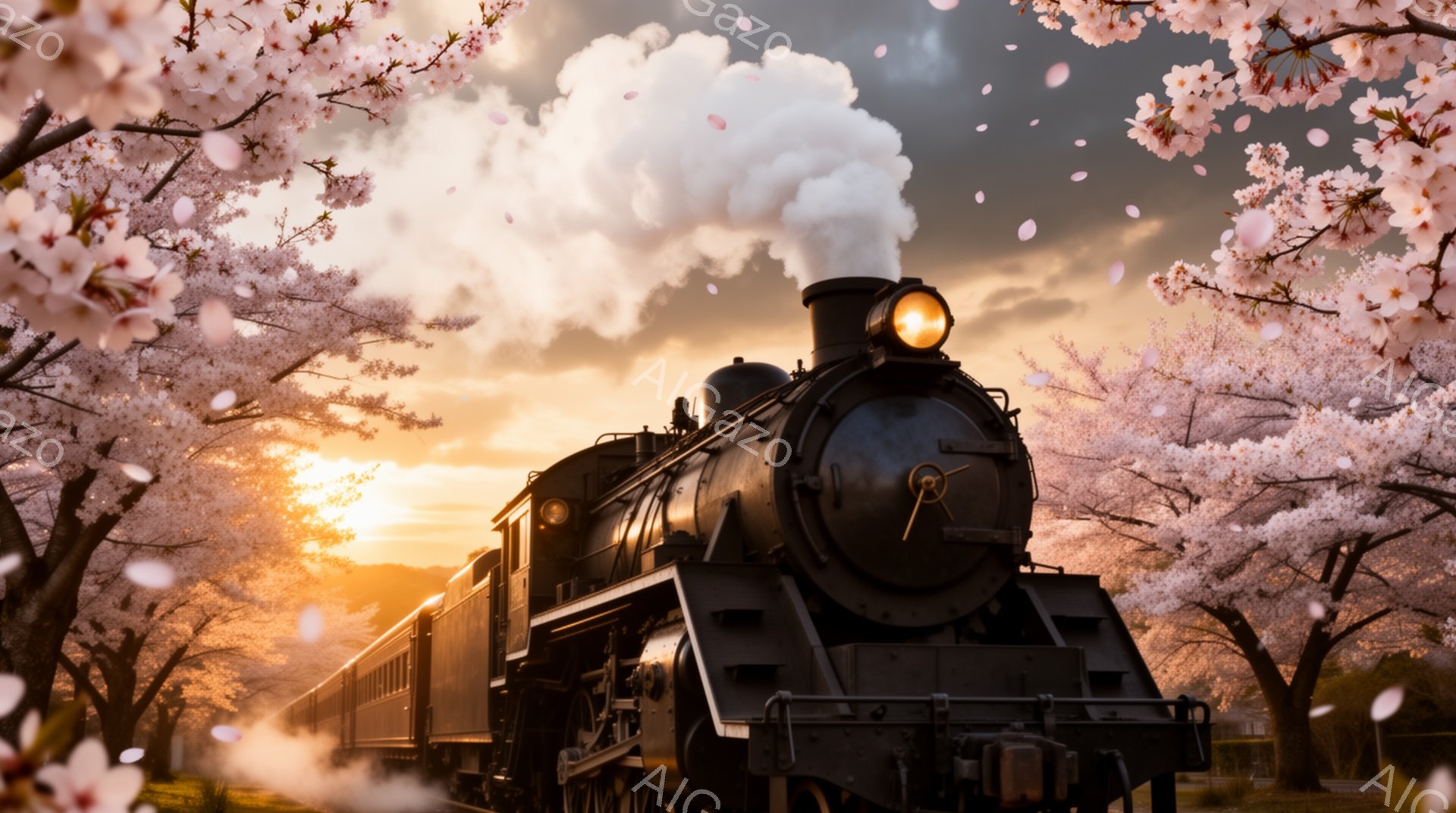 蒸気機関車が満開の桜並木を駆け抜けている様子が捉えられています。夕焼け空の下、桜の花びらが舞い散り、機関車の煙と混ざり合い幻想的な雰囲気を醸し出しています。木々の緑とピンクのコントラストが美しく、春の - AI生成フリー素材
