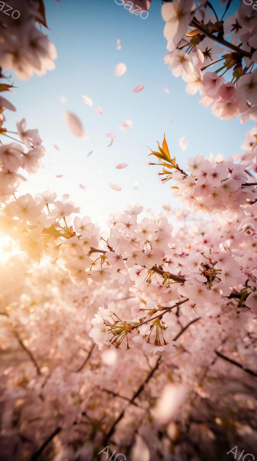 桜の花びらが舞い散る、春の光景が目に飛び込んできます。ピンク色の桜が画面全体を覆い、まるでトンネルのようです。空は晴れやかで、太陽の光が桜の花びらを照らし、幻想的な雰囲気を醸し出しています。 - AI生成フリー素材