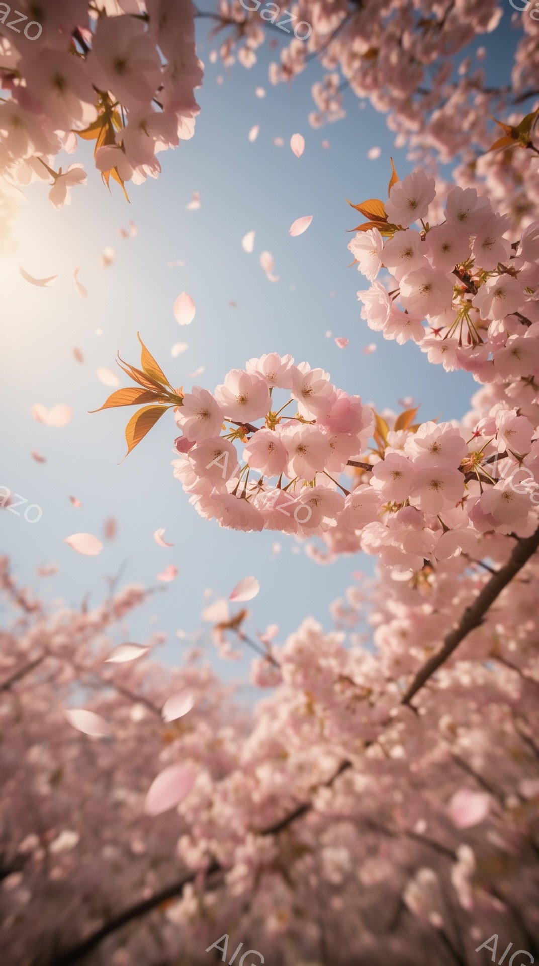 桜の花びらが舞い散る美しい春の風景です。空は淡い水色で、太陽の光が柔らかく差し込み、桜の淡いピンク色が際立っています。桜の枝は画面全体を覆い、春の暖かさと儚さを感じさせる、夢のような雰囲気です。