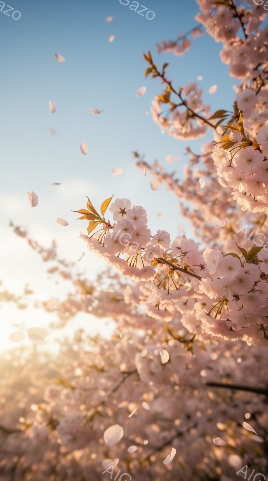 桜の花びらが舞い散る、春の光景が捉えられています。薄桃色の花は咲き誇り、背景の空は明るいオレンジ色から淡い青色へとグラデーションを描いています。穏やかで暖かく、希望に満ちた、春の息吹を感じさせる一枚です。
