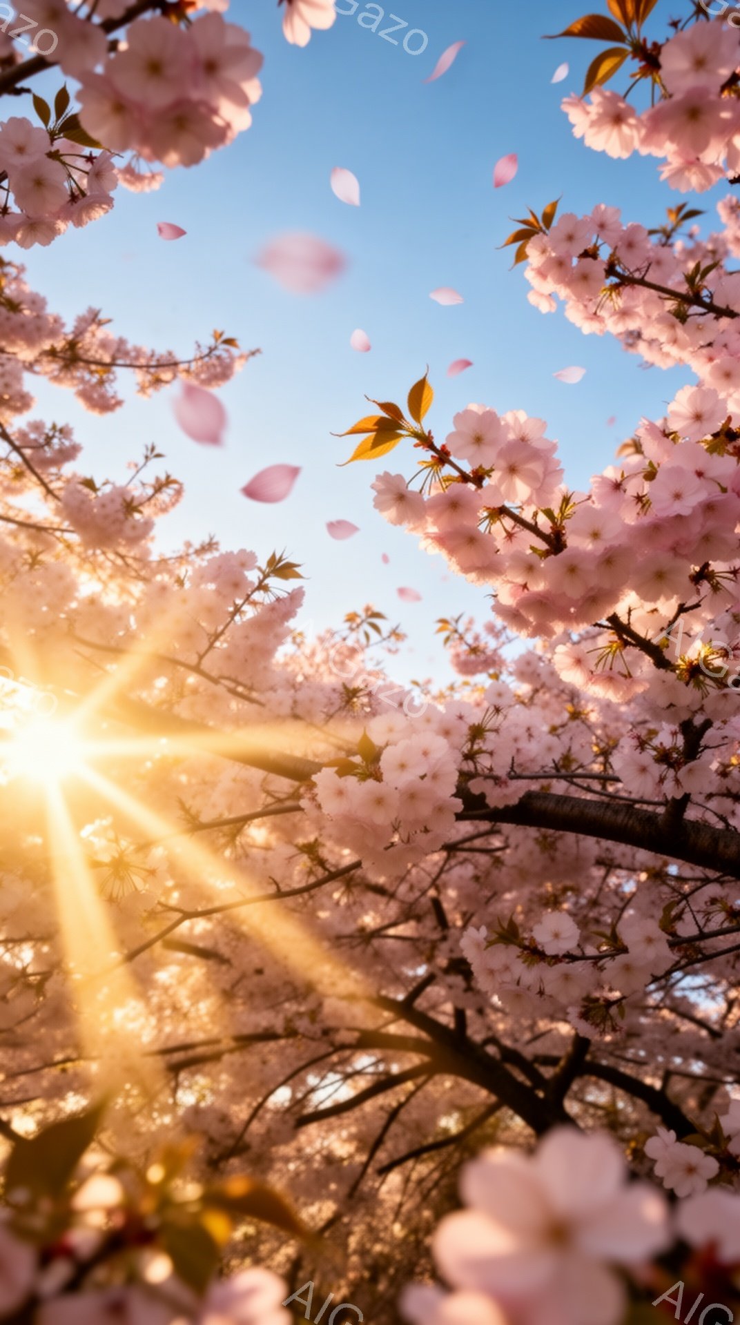 満開の桜が咲き誇り、花びらが風に舞っている様子が捉えられています。太陽の光が桜の隙間から差し込み、幻想的な雰囲気を醸し出しています。空は青く、春の暖かさと優しさを感じさせる美しい情景です。 - AI生成フリー素材