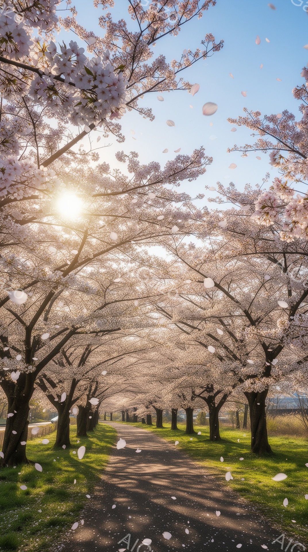桜並木が続く道を行く人々を捉えた写真です。満開の桜の花びらが舞い、光が差し込むことで幻想的な雰囲気を醸し出しています。緑の芝生と青空が春の暖かさを感じさせ、穏やかで平和な情景が広がります。 - AI生成フリー素材
