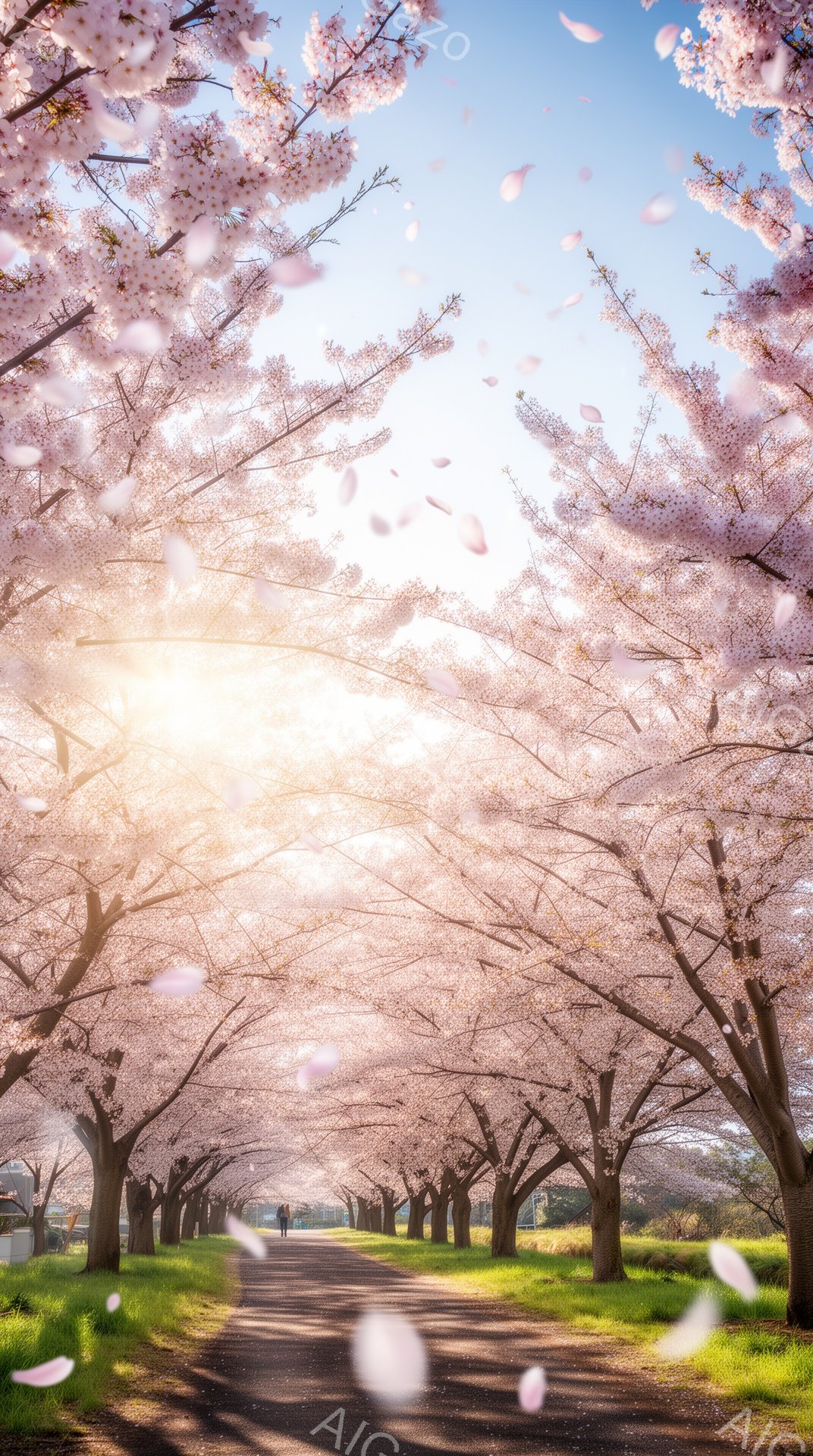 満開の桜並木を歩く二人が写っている。彼らはカジュアルな服装で、桜の花びらが舞う中、並木道をゆっくりと進んでいる。背景には緑の草地と青空が広がり、春の穏やかで美しい雰囲気が漂っている。