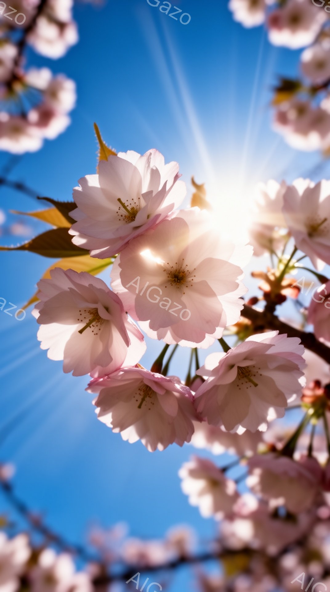 空は鮮やかな青色で、太陽が燦々と輝いています。桜の花びらは淡いピンク色で、まるで宝石のように咲き誇り、春の暖かさと生命力を感じさせます。光の筋が花びらを照らし、幻想的な雰囲気を醸し出しています。 - AI生成フリー素材