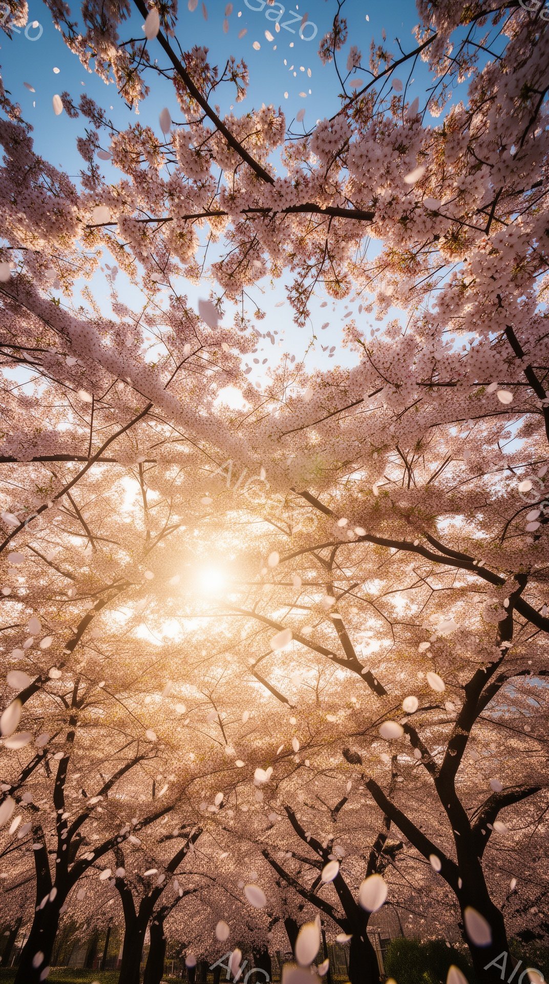 満開の桜並木が、まるでトンネルのように空を覆っています。太陽が桜の花びらを通して差し込み、地面に舞う花びらと相まって幻想的な光景を作り出しています。青空が桜の淡いピンク色と見事に調和し、春の暖かさと優 - AI生成フリー素材