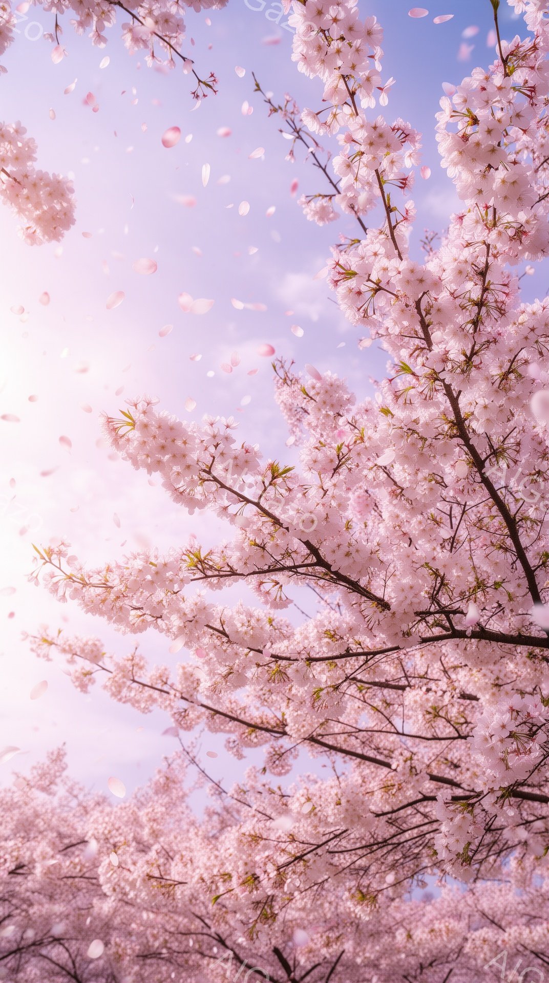 満開の桜が空いっぱいに咲き誇り、ピンク色の花びらが風に舞っている様子が捉えられています。空は淡いピンク色と水色で染まり、春の暖かく穏やかな雰囲気を醸し出しています。太陽の光が桜の花びらを照らし、幻想的 - AI生成フリー素材