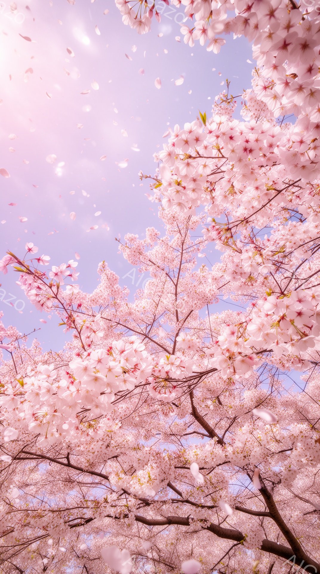 満開の桜が空いっぱいに咲き誇り、花びらが舞い散る様子が捉えられています。空は淡いピンク色で、春の暖かさと優しさを感じさせます。桜の木々は枝を広げ、まるで祝福のアーチのように見えます。 - AI生成フリー素材