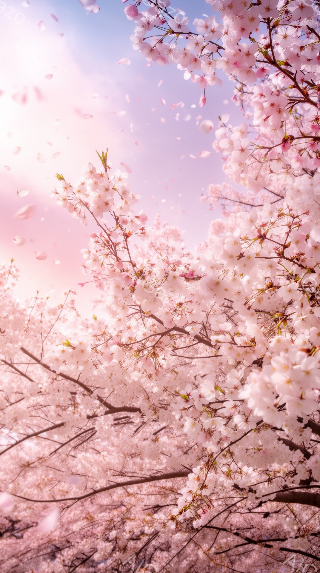 満開の桜が咲き誇り、花びらが舞い散る様子が捉えられています。ピンク色の桜の花は、柔らかい光に照らされ、幻想的な雰囲気を醸し出しています。空は薄いピンク色と水色で、春の暖かさと優しさを感じさせます。 - AI生成フリー素材