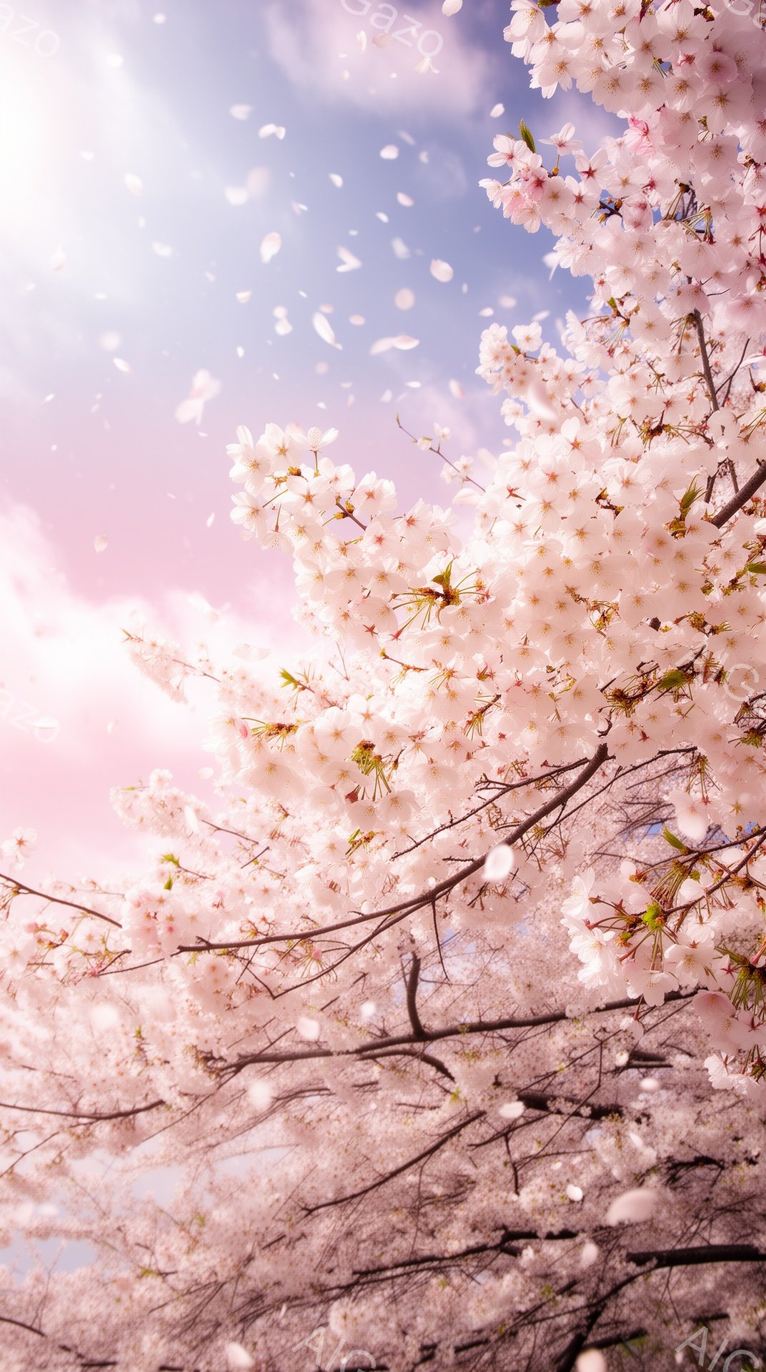 桜の花びらが舞い散る、春の風景です。薄紅色の桜の花が咲き乱れ、背景には柔らかいピンクと青のグラデーションが広がっています。全体的に暖かく、儚げで美しい雰囲気が漂っています。