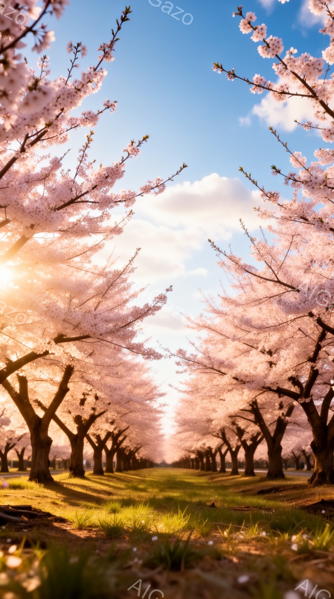 桜並木が続く美しい風景で、薄桃色の桜の花が満開の木々が整然と並んでいる。太陽光が桜の隙間から差し込み、地面には散りゆく花びらが舞い、春の暖かさと穏やかな雰囲気を醸し出している。青空と桜のコントラストが - AI生成フリー素材