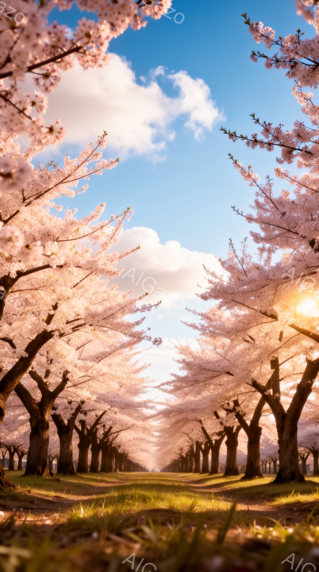 桜並木が続く美しい風景で、満開の桜が空を覆い尽くし、まるでトンネルのようになっている。柔らかいピンク色の花びらが、地面の緑の草とコントラストをなし、暖かく穏やかな雰囲気を醸し出している。背景には穏やか - AI生成フリー素材