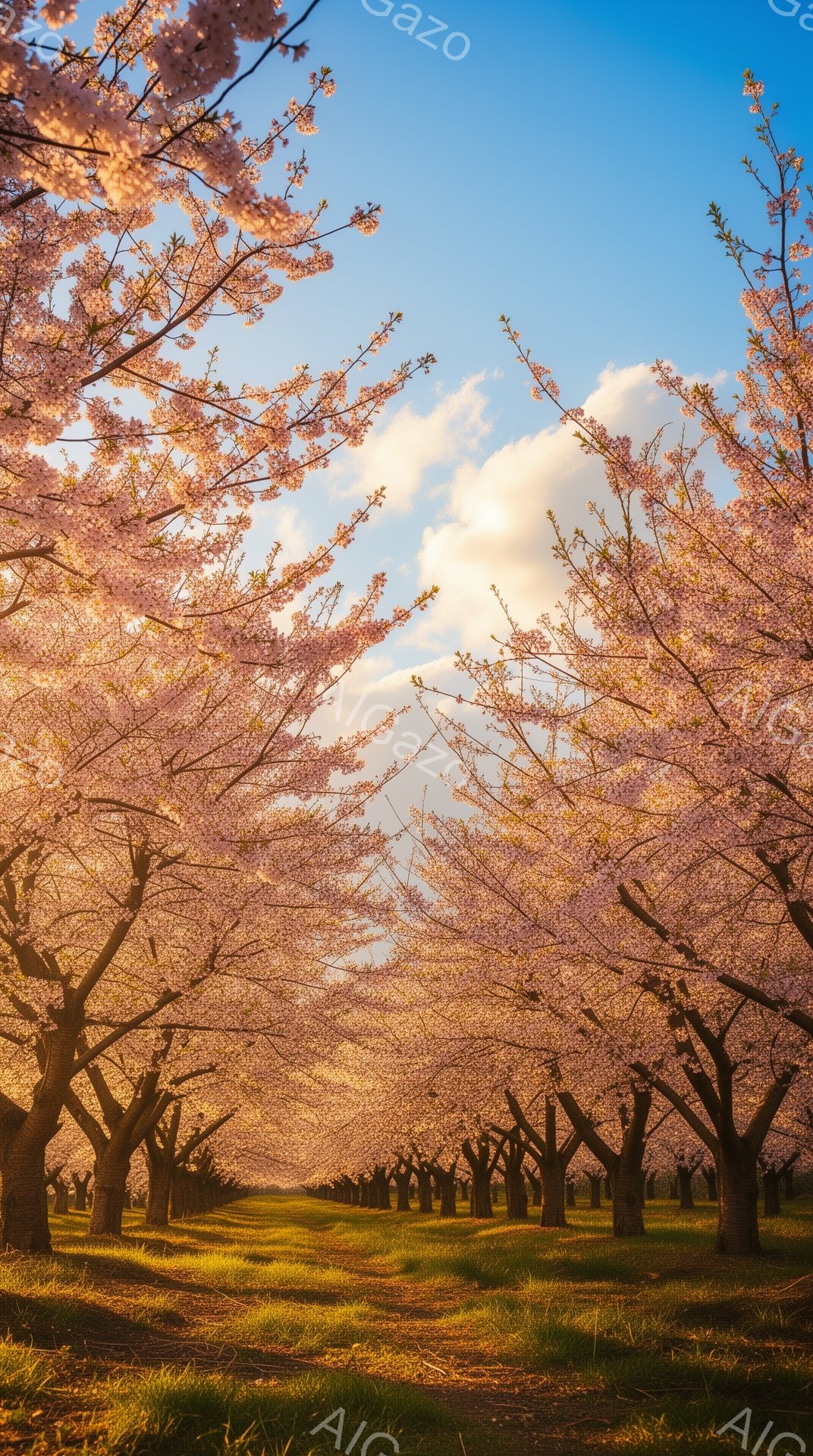 桜並木が続く道が、まるでトンネルのように広がっている。薄桃色の桜の花が満開で、木々の隙間から柔らかな光が差し込み、地面を明るい緑色に照らしている。空は淡い青色で、白い雲が浮かび、穏やかで幻想的な雰囲気 - AI生成フリー素材