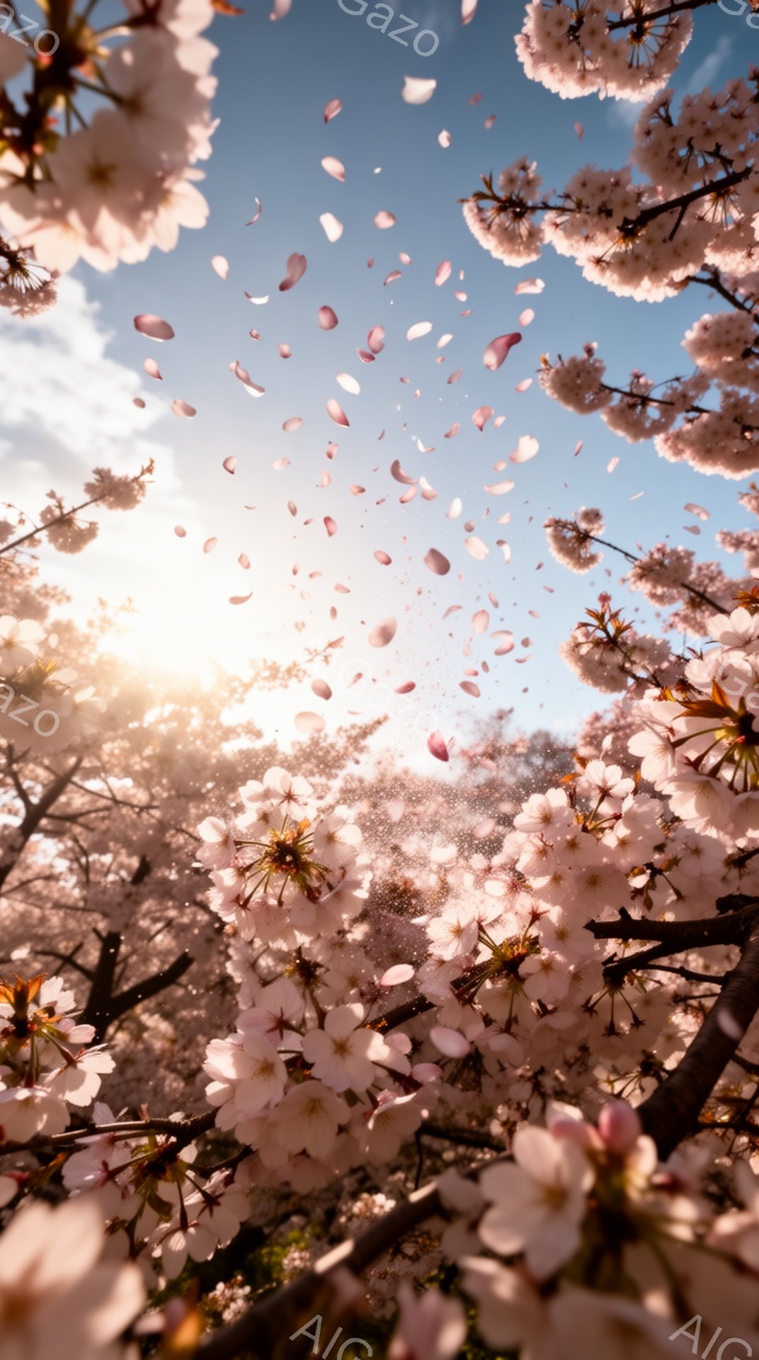 満開の桜の花びらが空中に舞い散り、まるでピンク色の雪のようです。背景には柔らかい光が差し込み、春の暖かさと儚さを感じさせます。全体的に、幻想的で美しい春の情景が表現されています。 - AI生成フリー素材