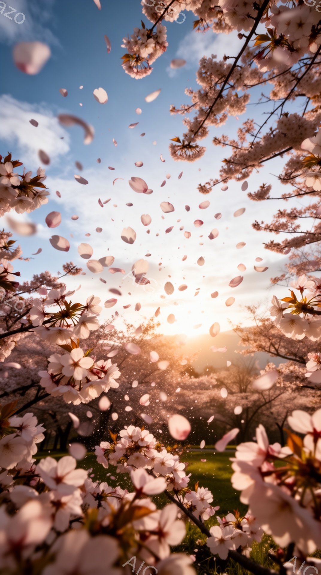 満開の桜の花びらが舞い散る春の風景で、空には柔らかな夕焼けが広がっています。桜のトンネルをくぐり抜けるような構図で、自然の美しさと穏やかな雰囲気が感じられます。背景には緑の草地と、ぼんやりとした樹木が見え、春の暖かさと安らぎを表現しています。