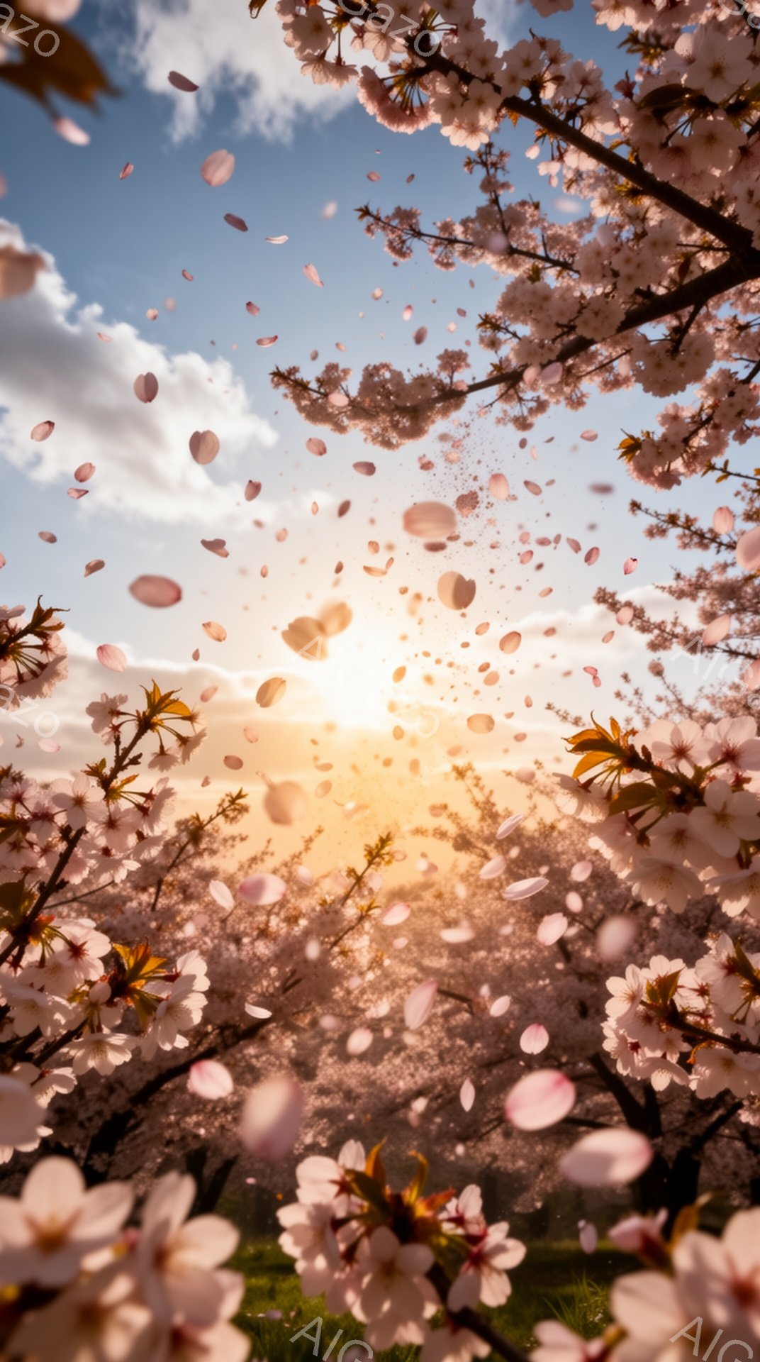 桜の花びらが舞い散る美しい春の光景が描かれている。太陽は木々の間から差し込み、花びらを照らし、まるで夢のような幻想的な雰囲気を醸し出している。背景には緑の草地と、かすかに見える木々が広がり、穏やかで平 - AI生成フリー素材