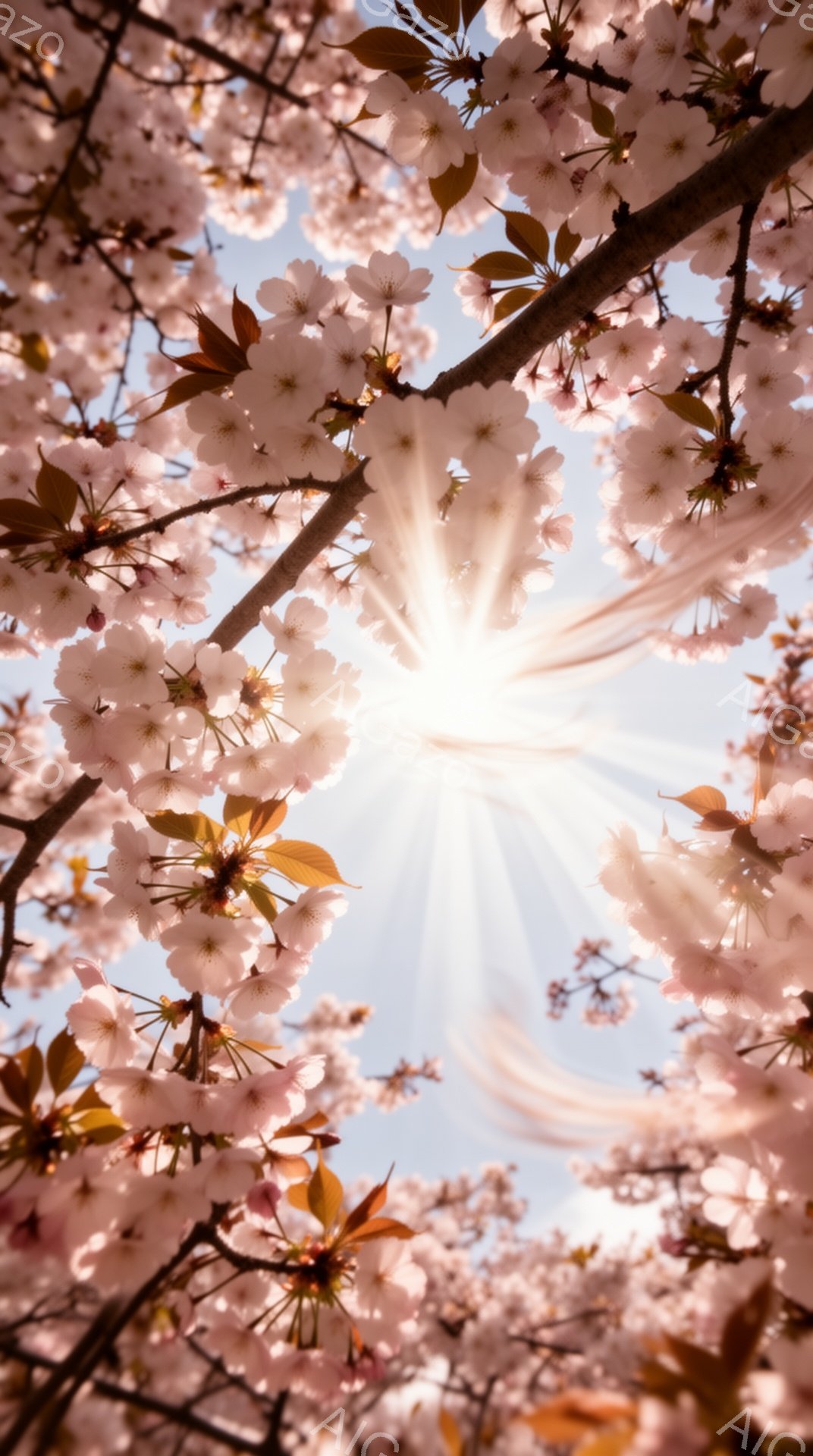 空を見上げるような視点から、桜の花びらが咲き乱れる様子が捉えられています。太陽光が桜の隙間から差し込み、花びらを明るく照らし、幻想的な雰囲気を醸し出しています。背景は淡い空色で、春の暖かさと生命の息吹を感じさせる一枚です。