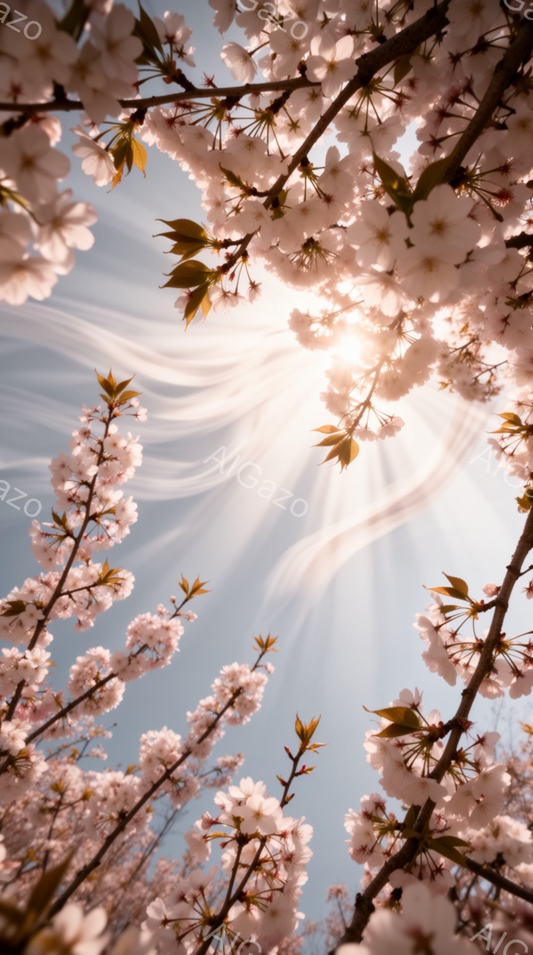 空を見上げる桜の枝が印象的な写真です。太陽の光が桜の花びらを照らし、明るく華やかな雰囲気を醸し出しています。青空に白い雲が流れ、春の暖かさと生命力を感じさせます。 - AI生成フリー素材
