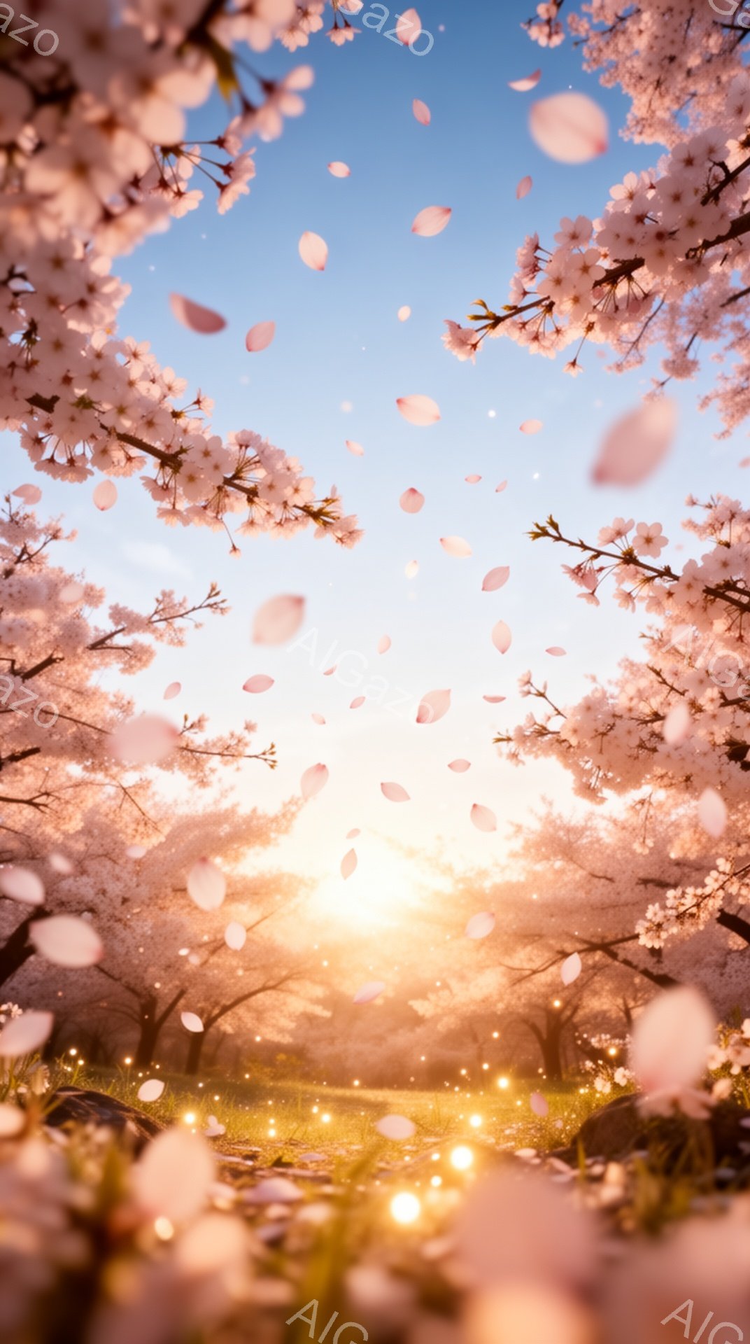 満開の桜並木が広がり、無数の花びらが風に舞い散っている美しい風景です。日の光が桜の隙間から差し込み、地面や花びらを暖かく照らし出しています。全体的に幻想的で、春の訪れを感じさせる穏やかな雰囲気が漂っています。