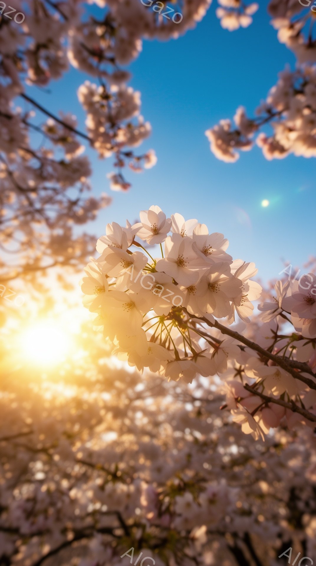 満開の桜の花が画面いっぱいに広がり、太陽の光が桜の花びらを通して柔らかく降り注いでいます。青空と桜のコントラストが美しく、春の暖かさと希望に満ちた雰囲気を醸し出しています。全体的にぼやけた印象で、幻想 - AI生成フリー素材